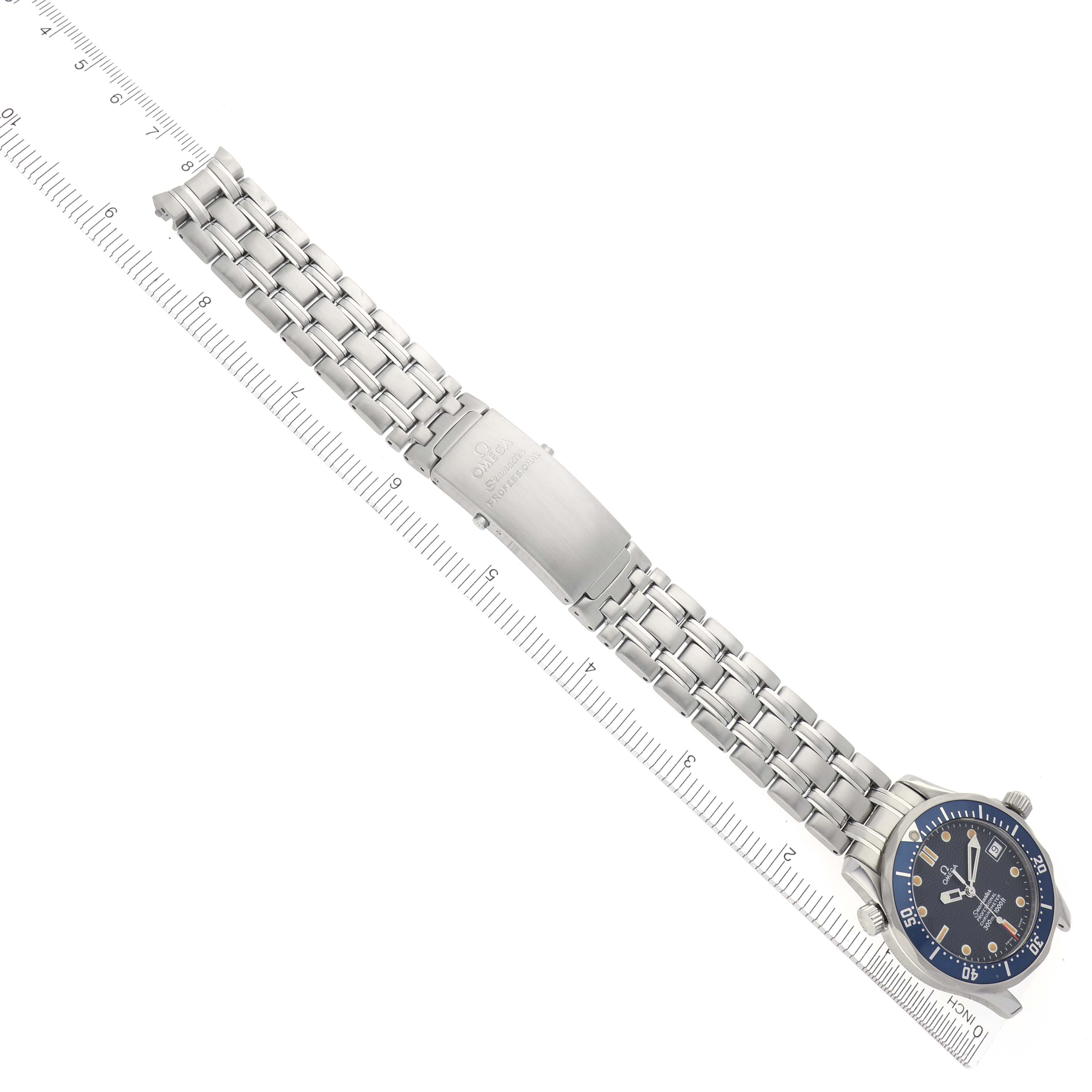 The Omega Seamaster 2551.80.00 Men
s Stainless Steel Blue Dial 2551.80.00 Men
s Stainless Steel Blue Dial watch is shown at an angled top-down view, highlighting the face, bezel, and metal bracelet.