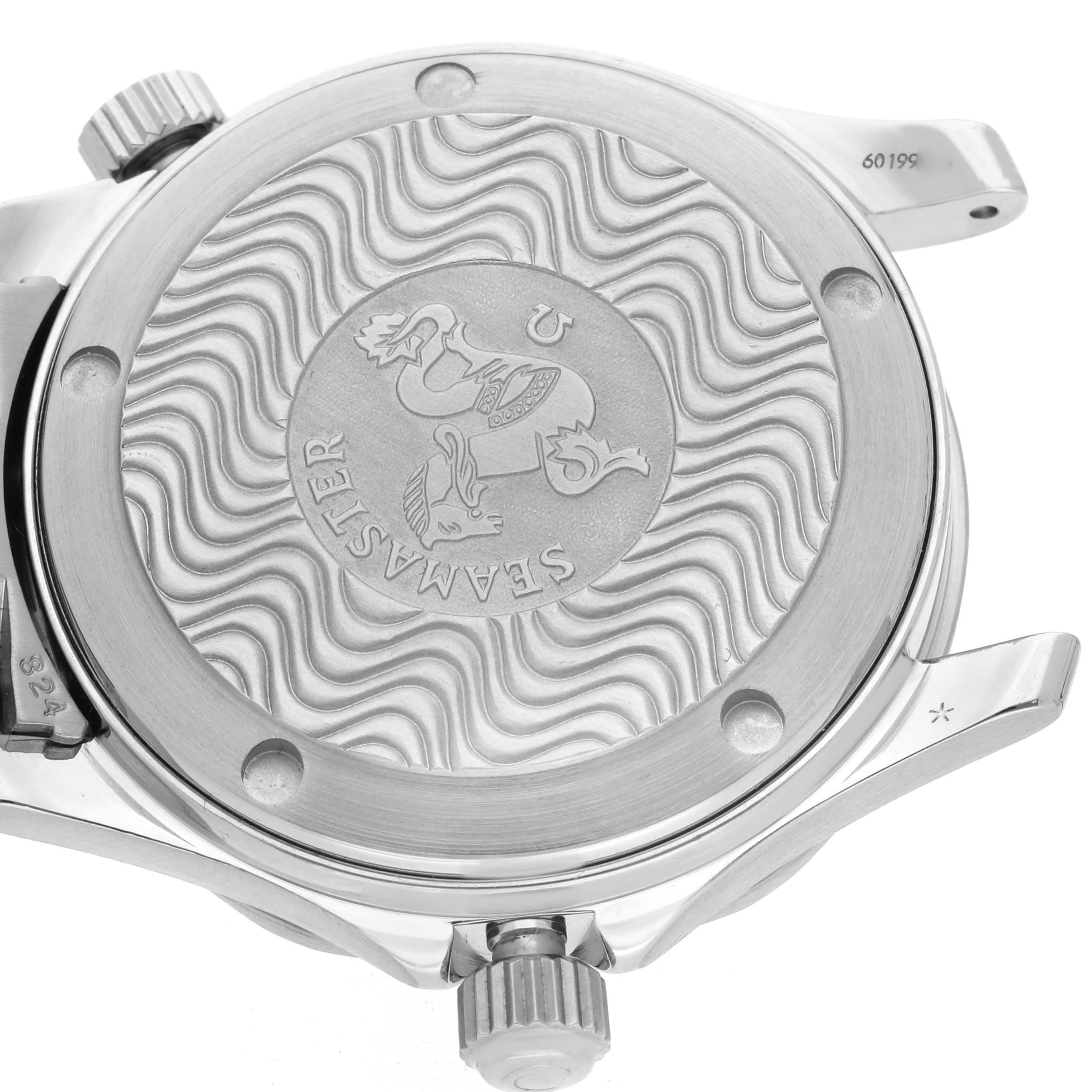 The image shows the back case of the Omega Seamaster 2551.80.00 Men
s Stainless Steel Blue Dial 2551.80.00 Men
s Stainless Steel Blue Dial watch featuring its logo and wave pattern.