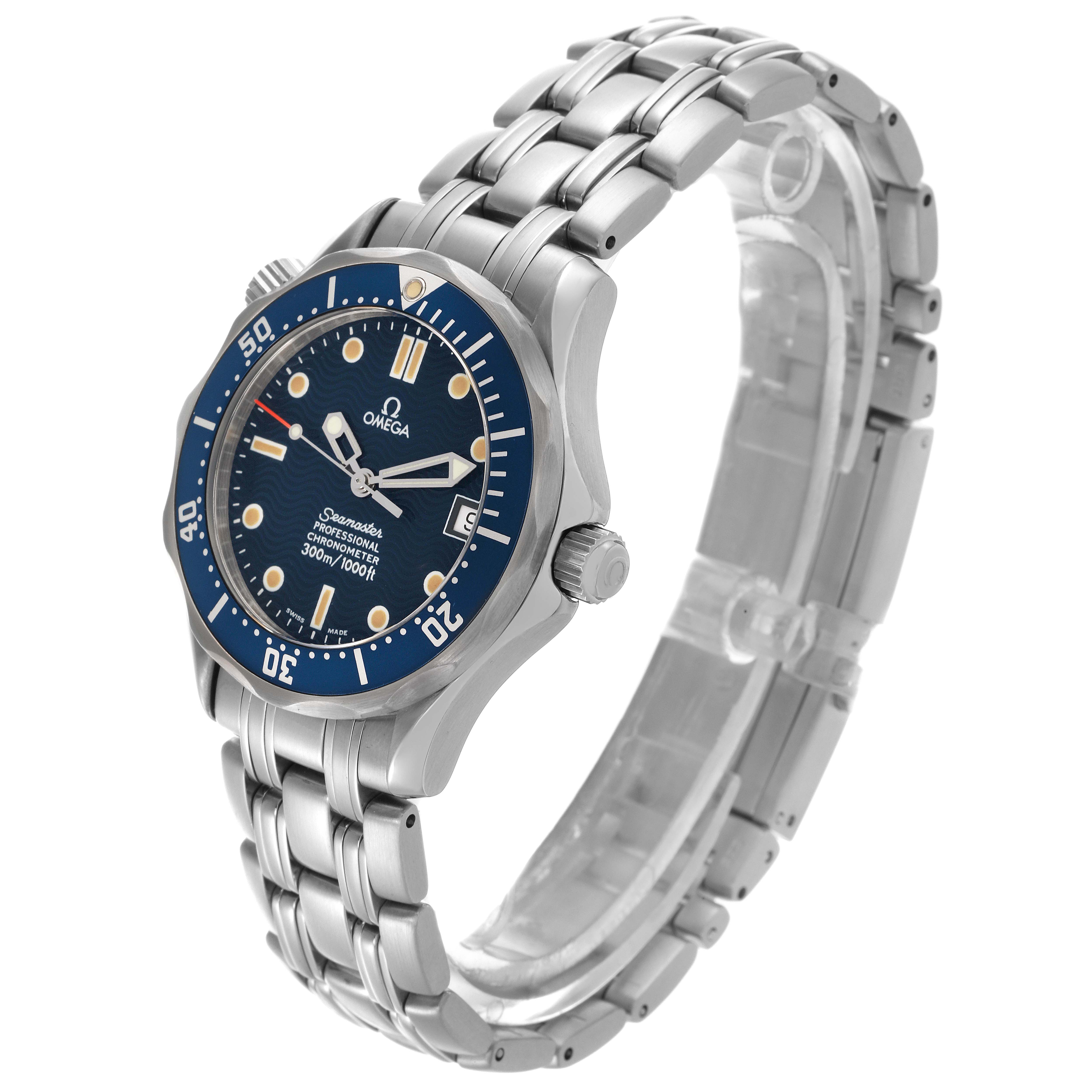 The Omega Seamaster 2551.80.00 Men
s Stainless Steel Blue Dial 2551.80.00 Men
s Stainless Steel Blue Dial watch is shown at a three-quarter angle, displaying its face, bezel, and metal bracelet.