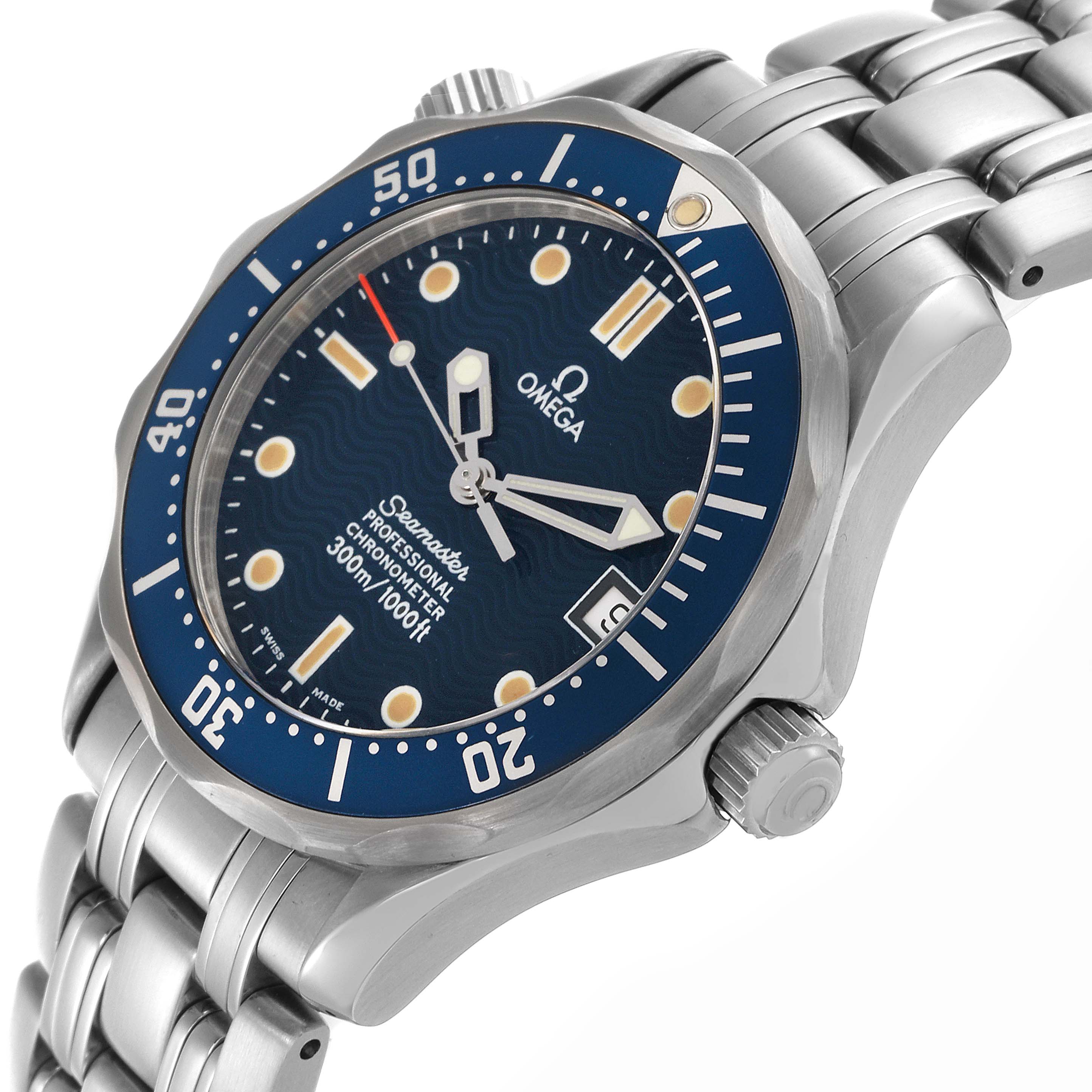 The Omega Seamaster 2551.80.00 Men
s Stainless Steel Blue Dial 2551.80.00 Men
s Stainless Steel Blue Dial watch is shown at a three-quarter angle, highlighting the dial, bezel, crown, and metal bracelet.