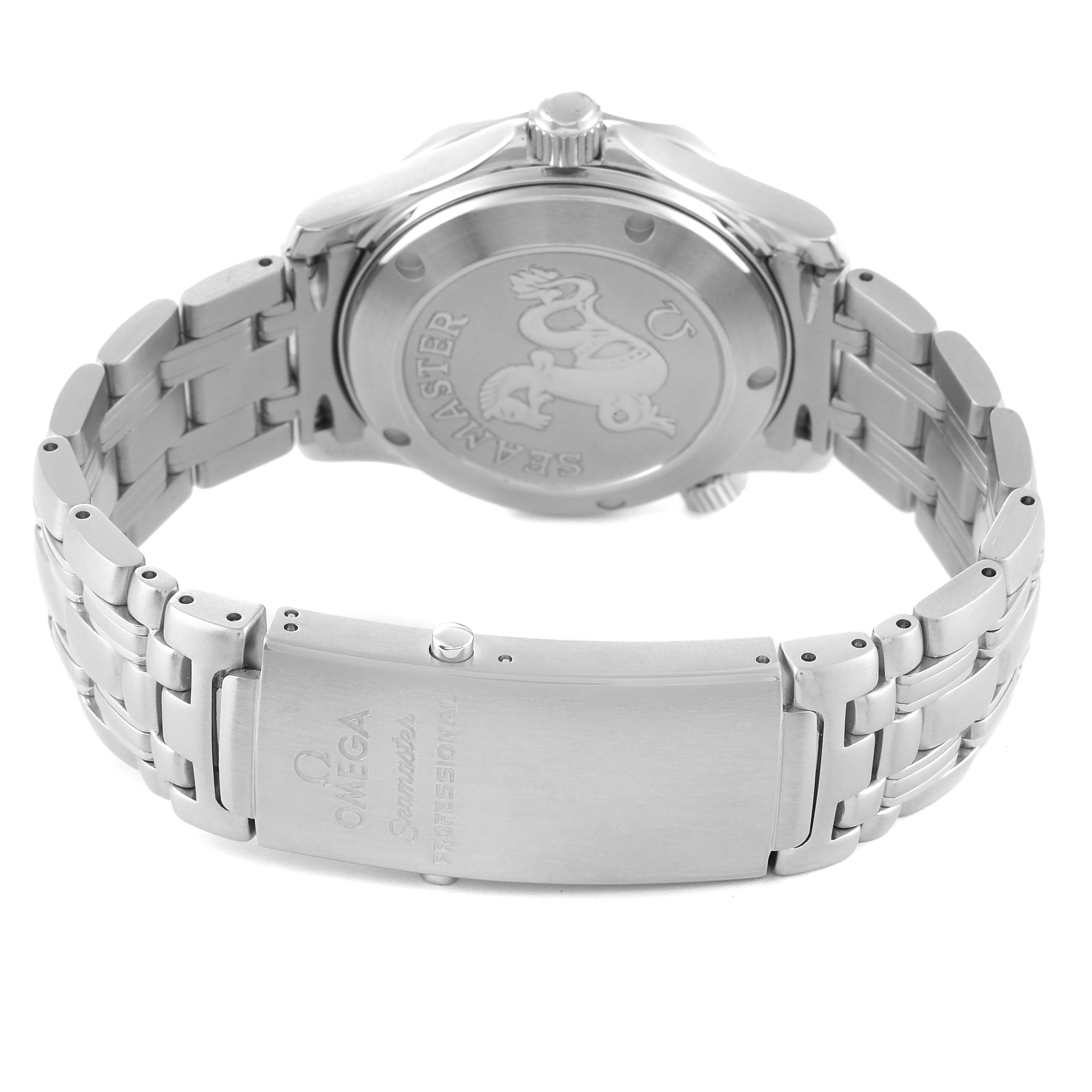 The image shows the back case and clasp of the Omega Seamaster 2222.80.00 Men's Stainless Steel Blue Dial 2222.80.00 Men's Stainless Steel Blue Dial watch, highlighting the bracelet and engraved details.