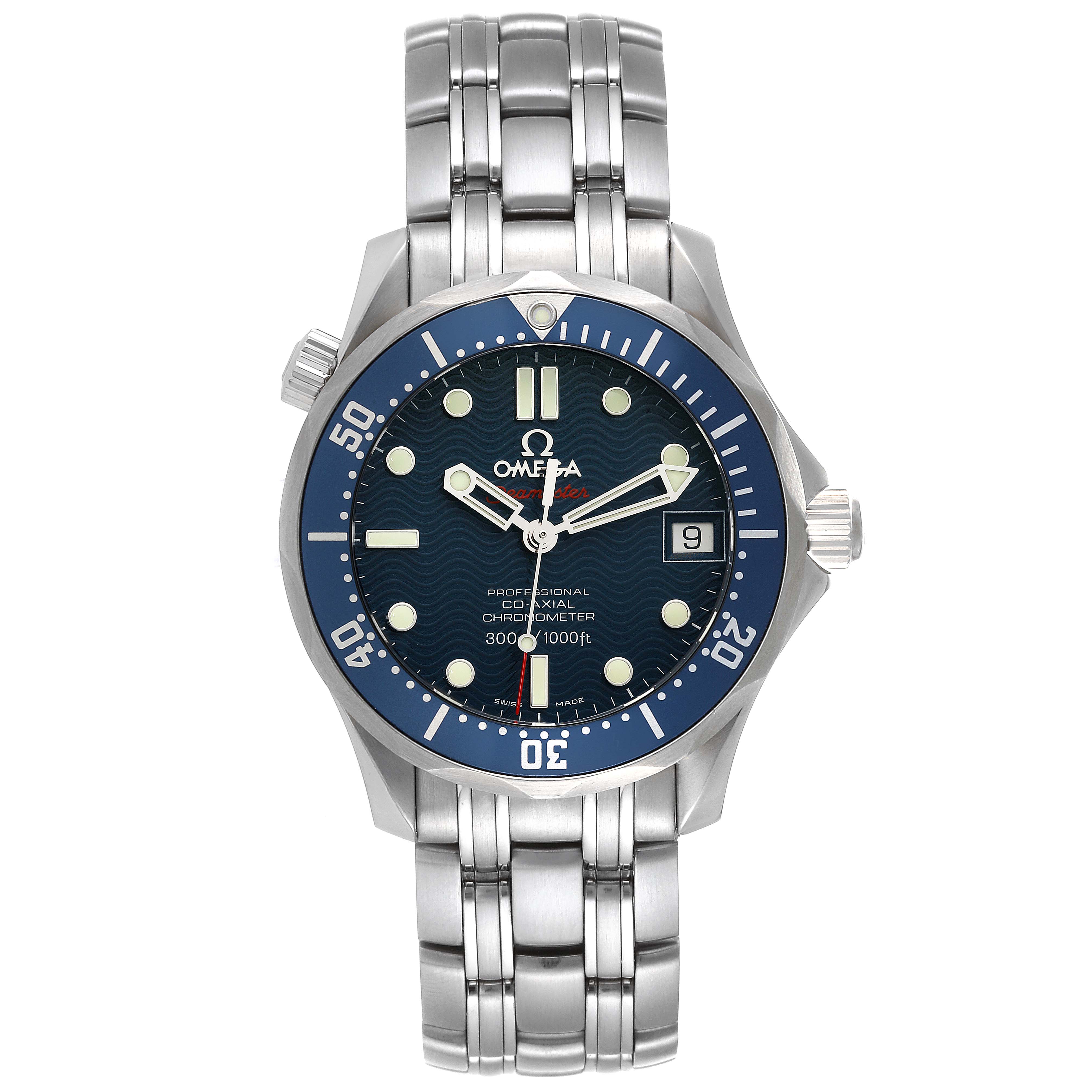 The Omega Seamaster 2222.80.00 Men's Stainless Steel Blue Dial 2222.80.00 Men's Stainless Steel Blue Dial watch is shown from the front, displaying the face, bezel, bracelet, and crown.