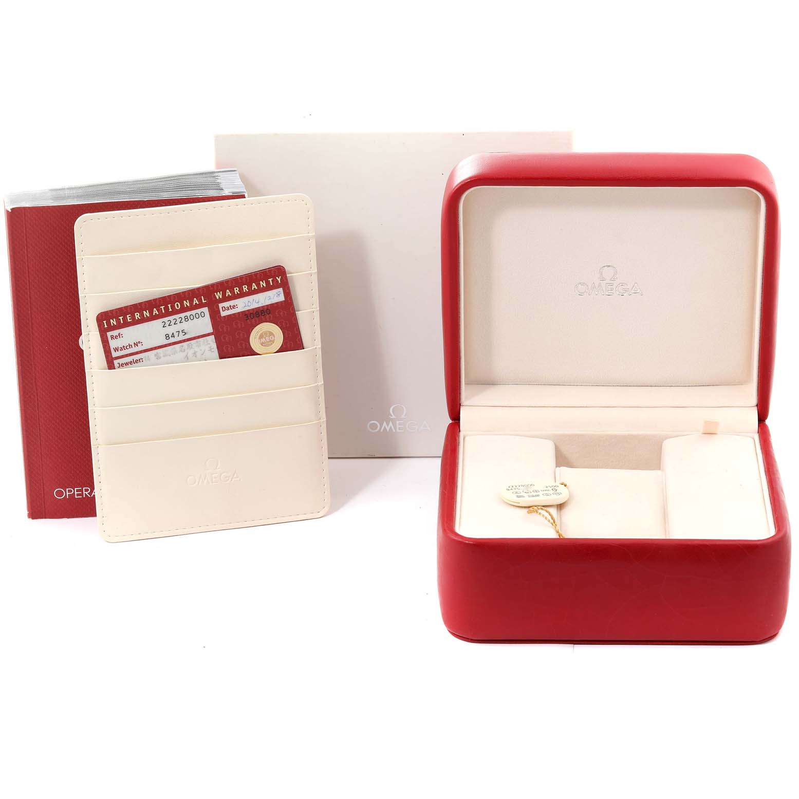 The image shows the Omega Seamaster 2222.80.00 Men's Stainless Steel Blue Dial 2222.80.00 Men's Stainless Steel Blue Dial watch accessories including a red watch box, warranty card, cardholder, and an operating manual.