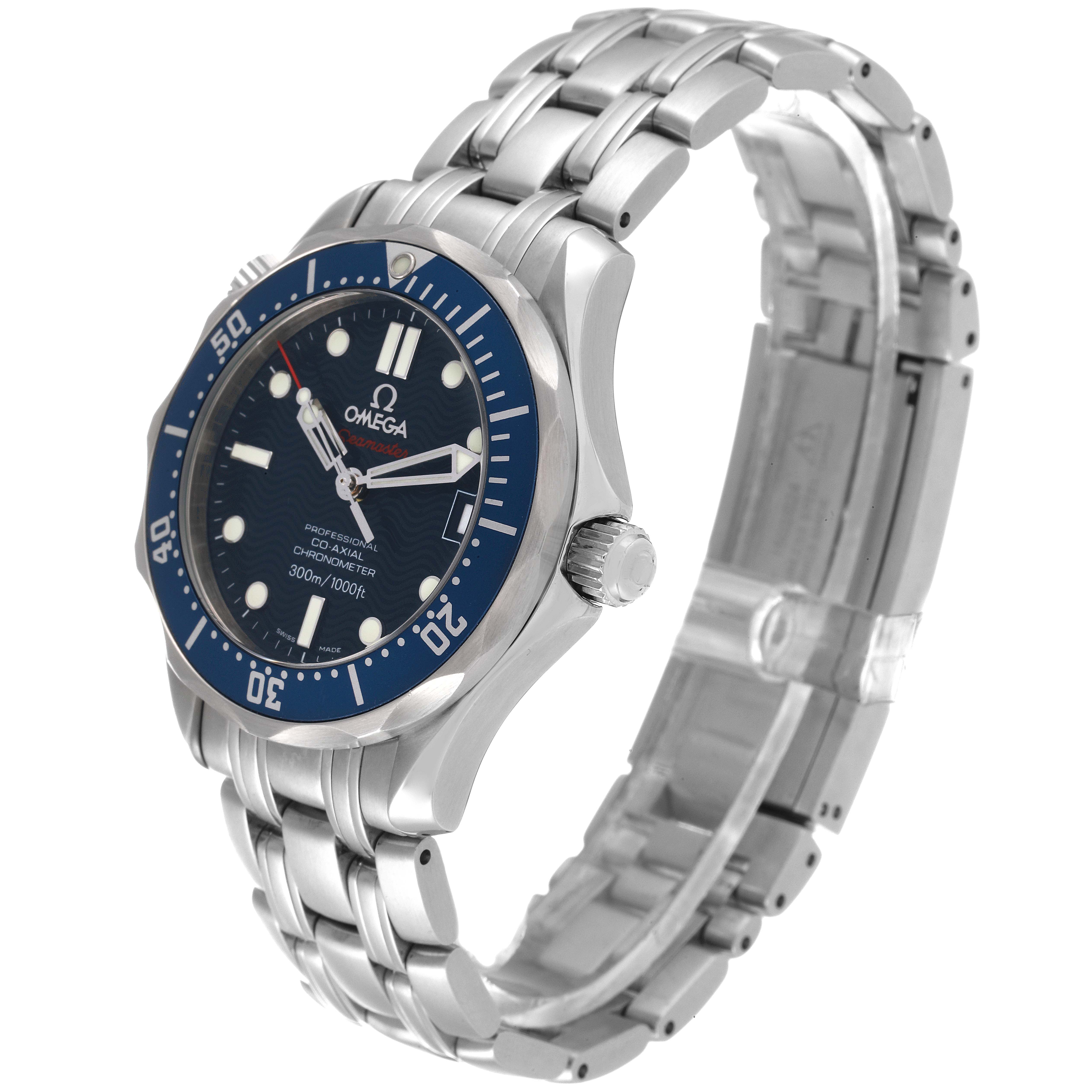 The Omega Seamaster 2222.80.00 Men's Stainless Steel Blue Dial 2222.80.00 Men's Stainless Steel Blue Dial watch is depicted from a three-quarter angle, showcasing its face, bezel, crown, and stainless steel bracelet.