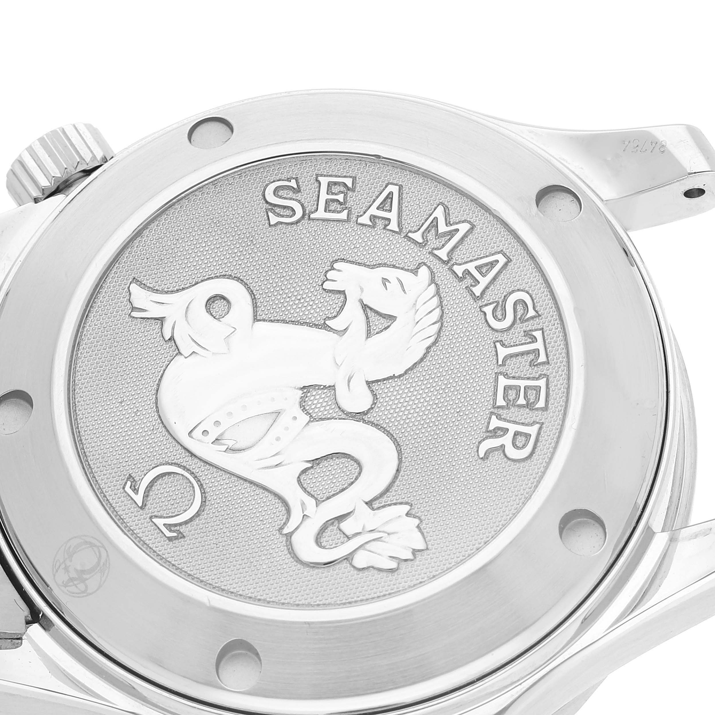 The image shows the case back of an Omega Seamaster 2222.80.00 Men's Stainless Steel Blue Dial 2222.80.00 Men's Stainless Steel Blue Dial watch, featuring the model name and emblem engraving.