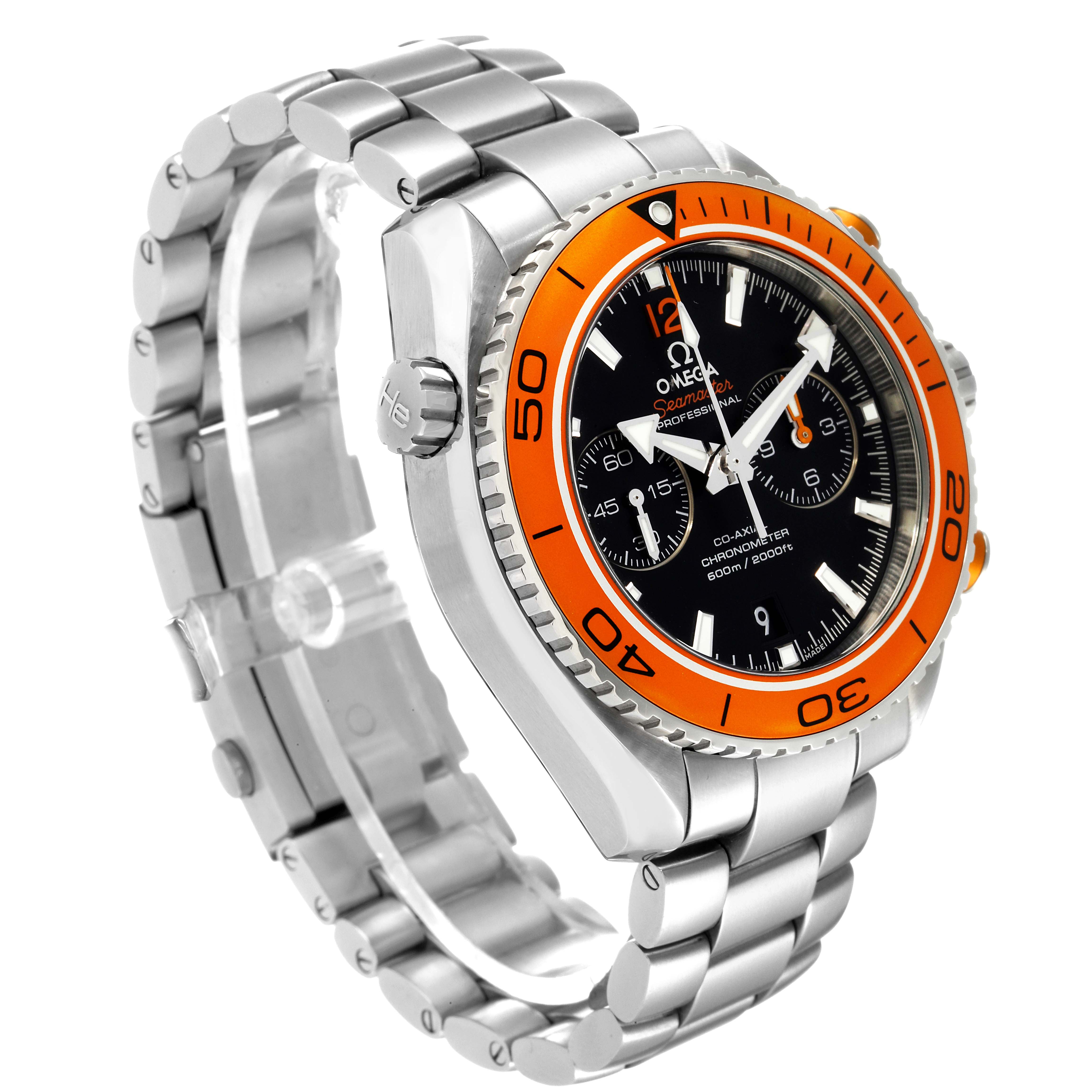 The image shows a side-angle view of the Omega Planet Ocean 232.30.46.51.01.002 Men's Stainless Steel Black Dial 232.30.46.51.01.002 Men's Stainless Steel Black Dial watch, highlighting its face, bezel, and bracelet.