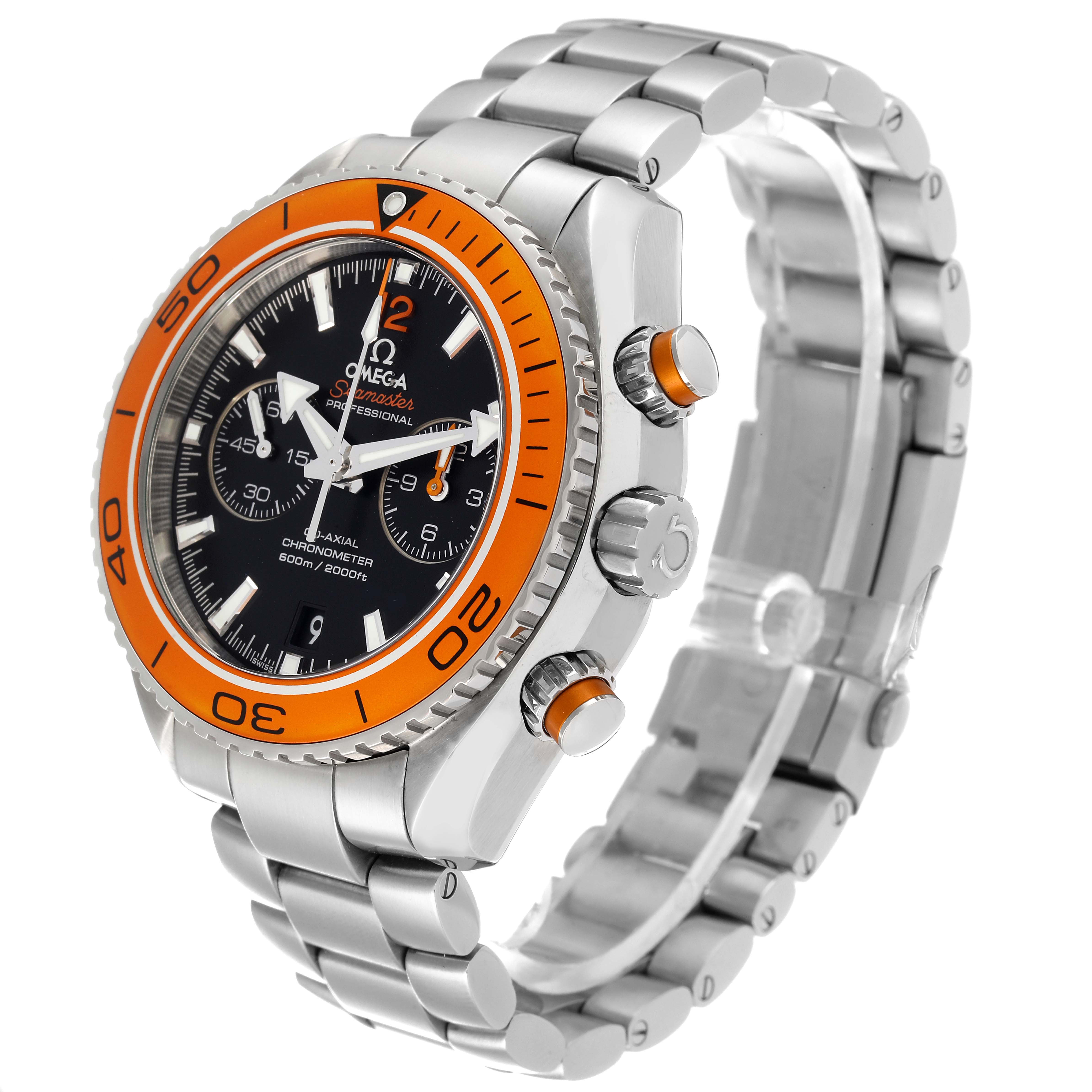 The image shows an angled side view of the Omega Planet Ocean 232.30.46.51.01.002 Men's Stainless Steel Black Dial 232.30.46.51.01.002 Men's Stainless Steel Black Dial watch, showcasing its bezel, face, crown, and bracelet.