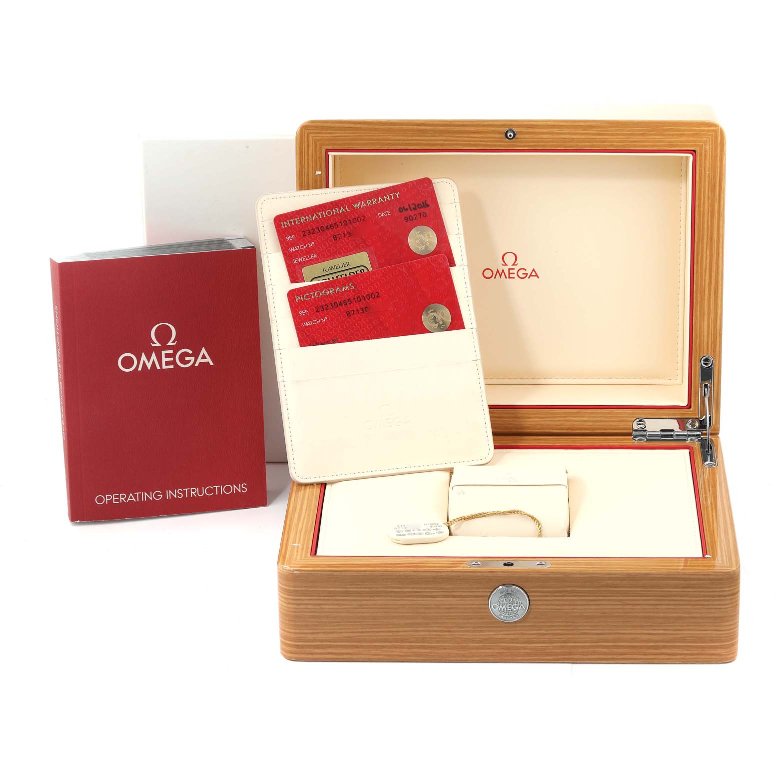 The image shows an Omega Planet Ocean 232.30.46.51.01.002 Men's Stainless Steel Black Dial 232.30.46.51.01.002 Men's Stainless Steel Black Dial watch box, warranty cards, and the operating instructions.