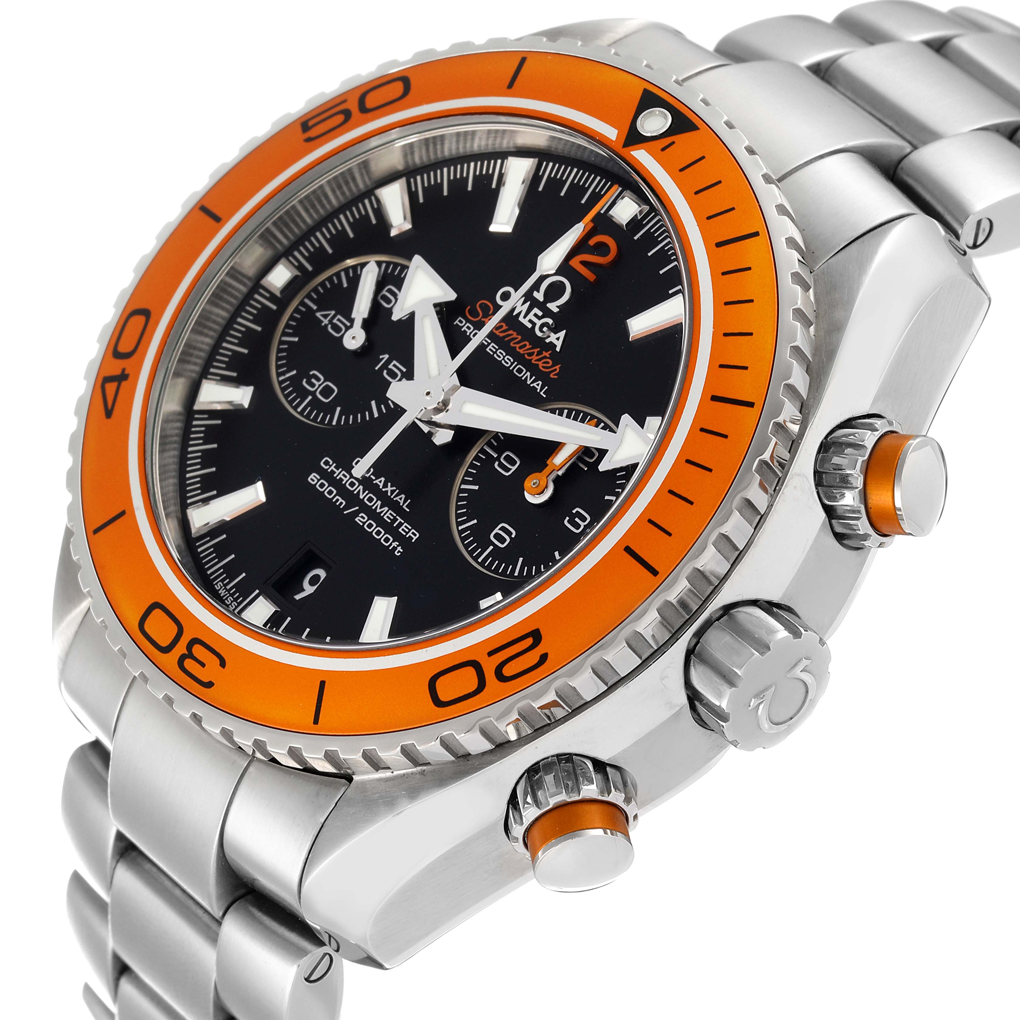 The image shows a close-up, angled view of the Omega Planet Ocean 232.30.46.51.01.002 Men's Stainless Steel Black Dial 232.30.46.51.01.002 Men's Stainless Steel Black Dial watch highlighting the bezel, dial, and bracelet.