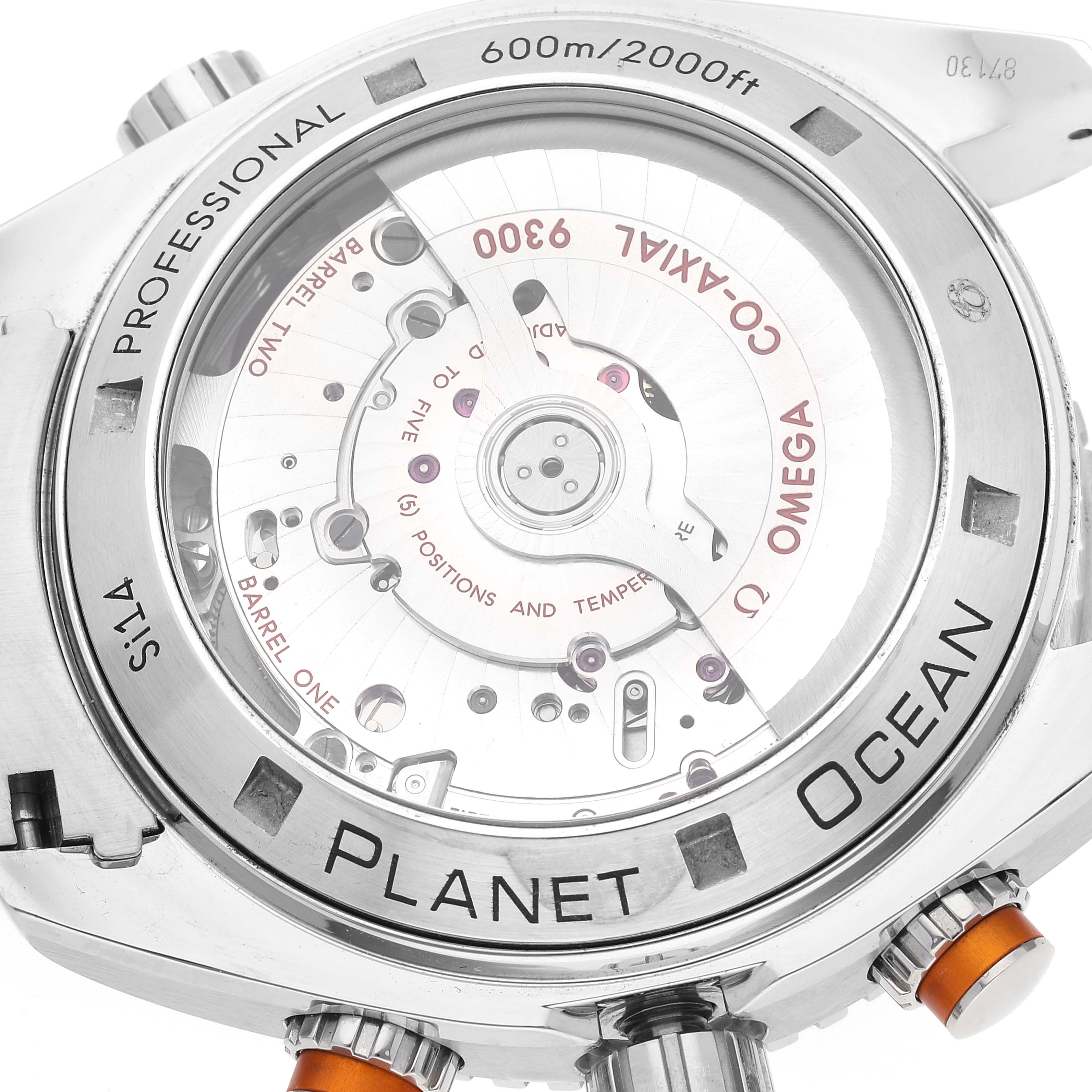 The image shows the back view of the Omega Planet Ocean 232.30.46.51.01.002 Men's Stainless Steel Black Dial 232.30.46.51.01.002 Men's Stainless Steel Black Dial watch, highlighting its transparent caseback and internal mechanisms.