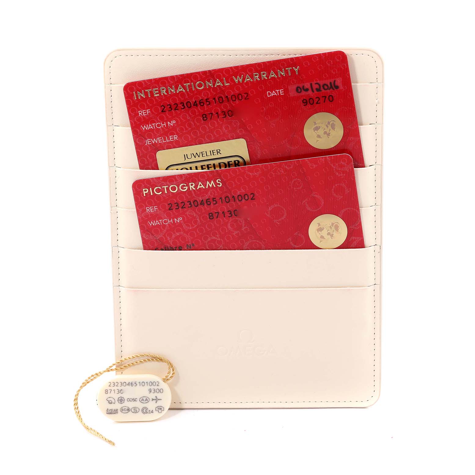 This image shows the warranty cards and tag for the Omega Planet Ocean 232.30.46.51.01.002 Men's Stainless Steel Black Dial 232.30.46.51.01.002 Men's Stainless Steel Black Dial watch.