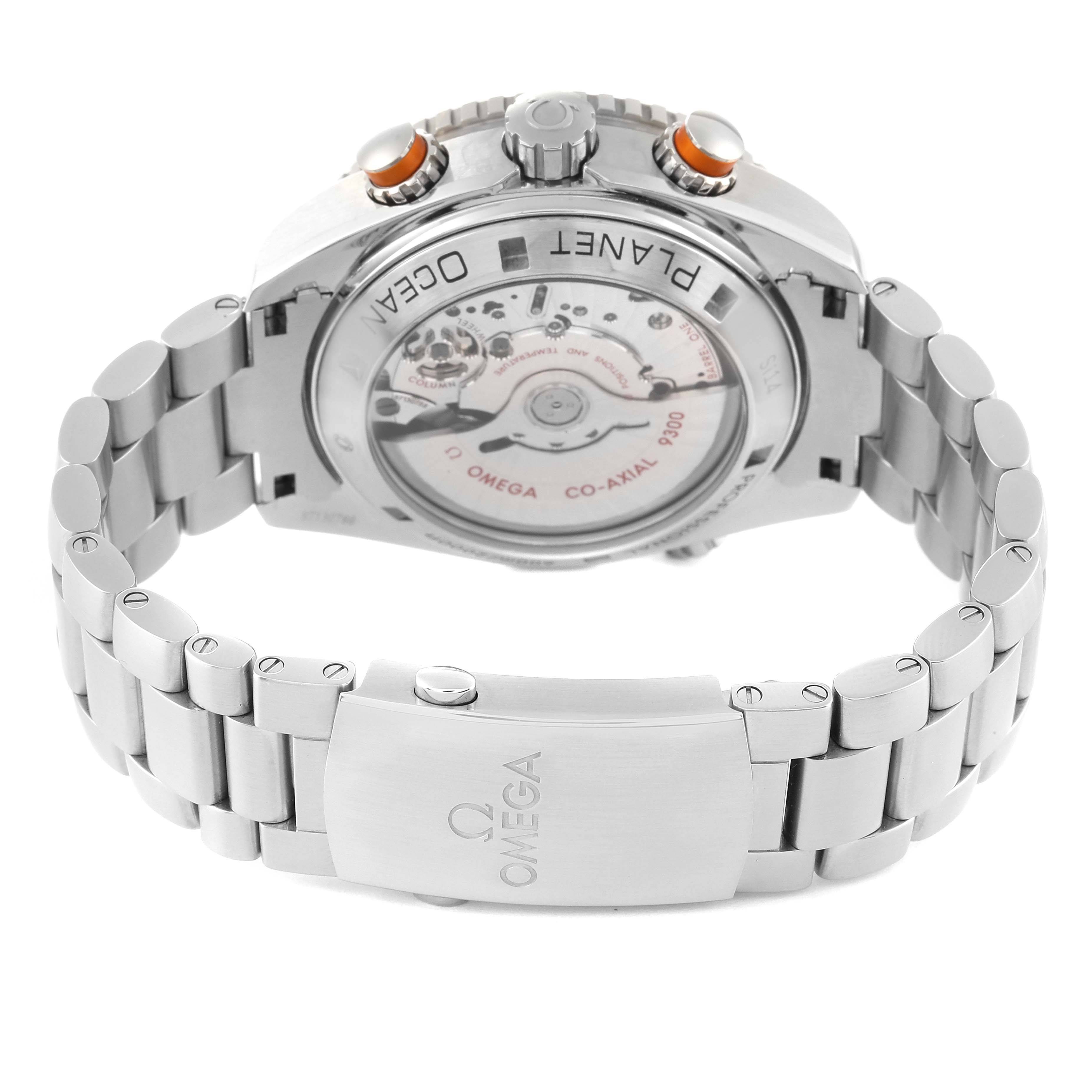 The image shows the back view of the Omega Planet Ocean 232.30.46.51.01.002 Men's Stainless Steel Black Dial 232.30.46.51.01.002 Men's Stainless Steel Black Dial watch, highlighting its clasp, bracelet, and visible movement.