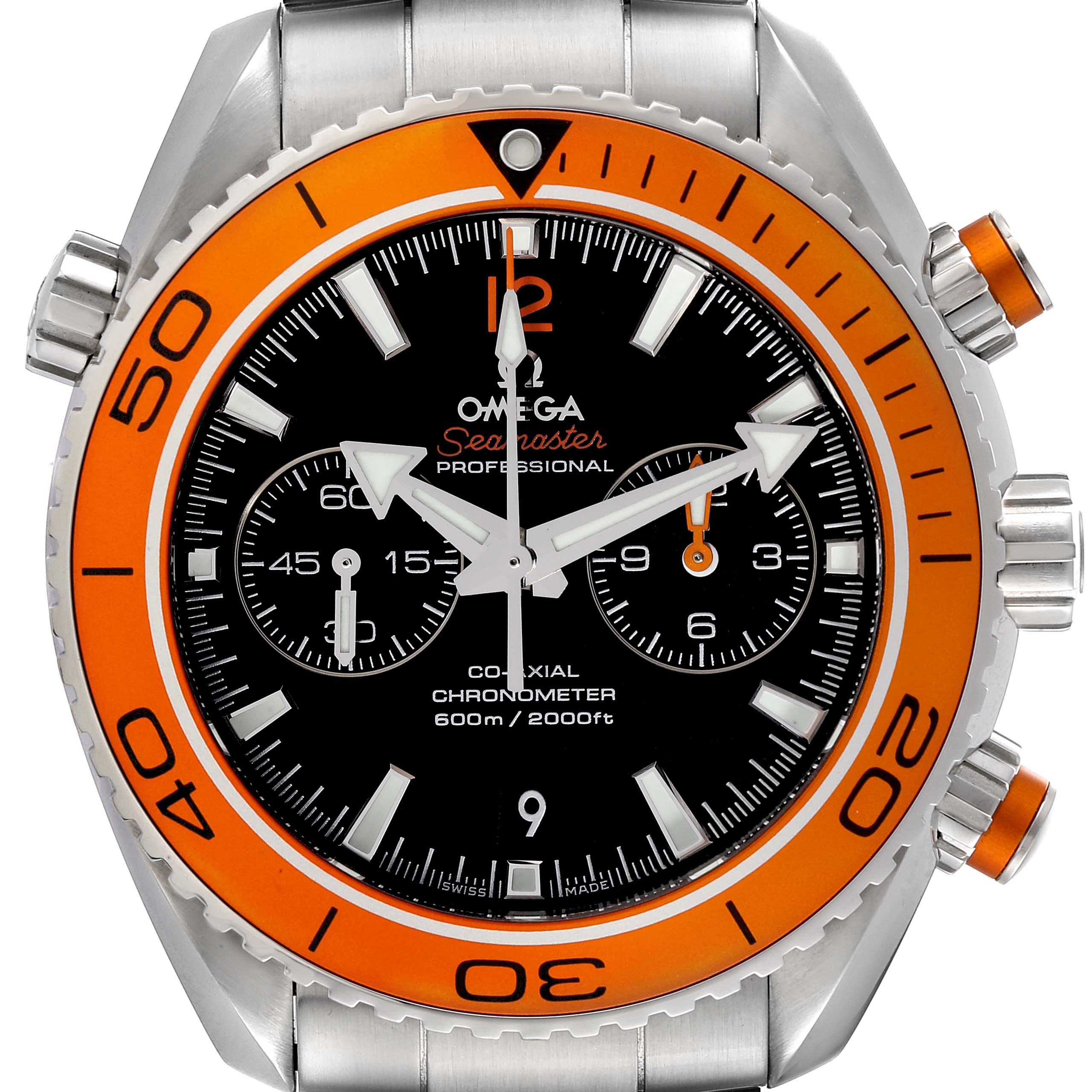 The Omega Planet Ocean 232.30.46.51.01.002 Men's Stainless Steel Black Dial 232.30.46.51.01.002 Men's Stainless Steel Black Dial watch is shown from a front angle, highlighting its orange bezel, black dial, and chronograph subdials.