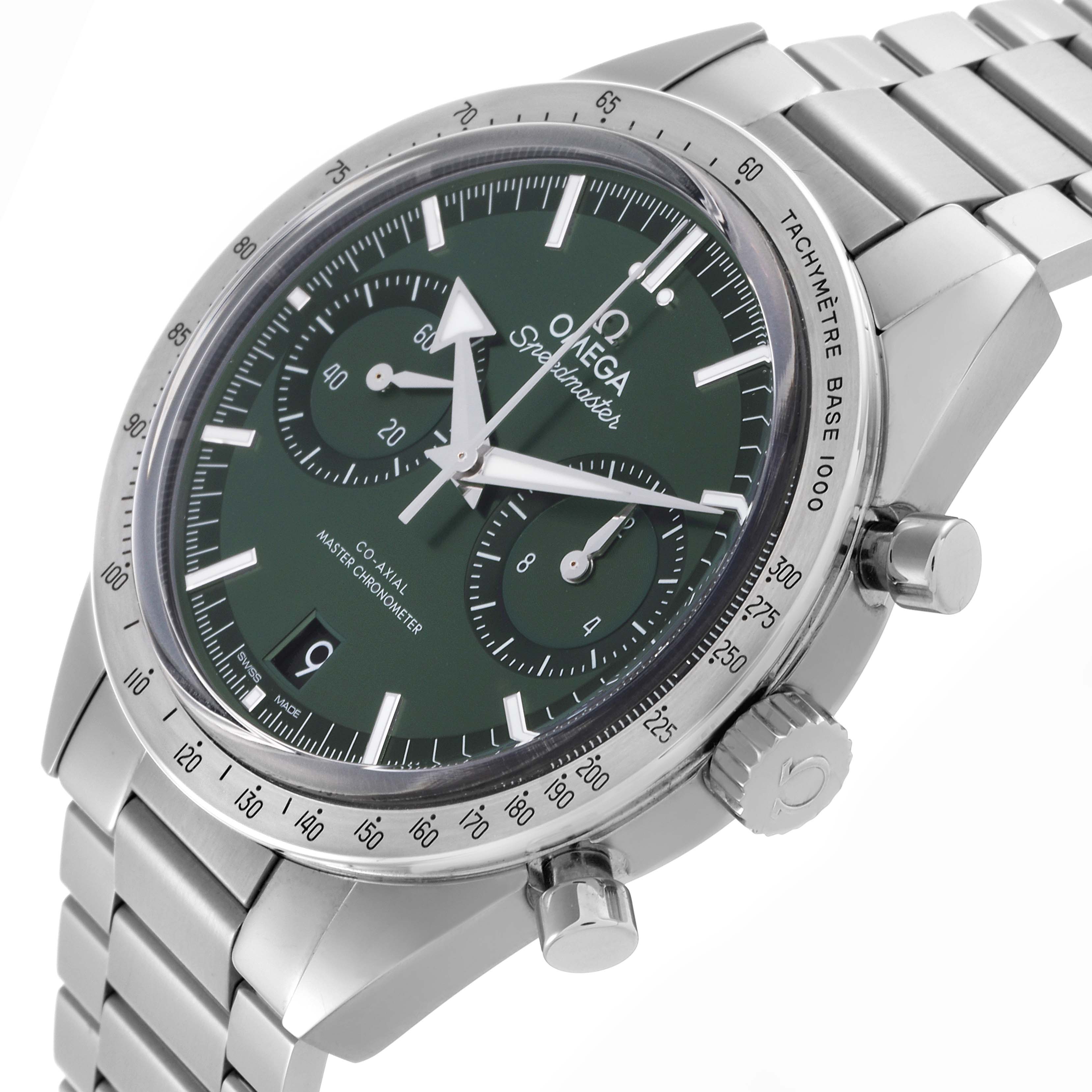 The Omega Speedmaster 332.10.41.51.10.001 Men's Stainless Steel Green Dial 332.10.41.51.10.001 Men's Stainless Steel Green Dial watch is shown at an angle displaying the dial, bezel, crown, pushers, and bracelet.
