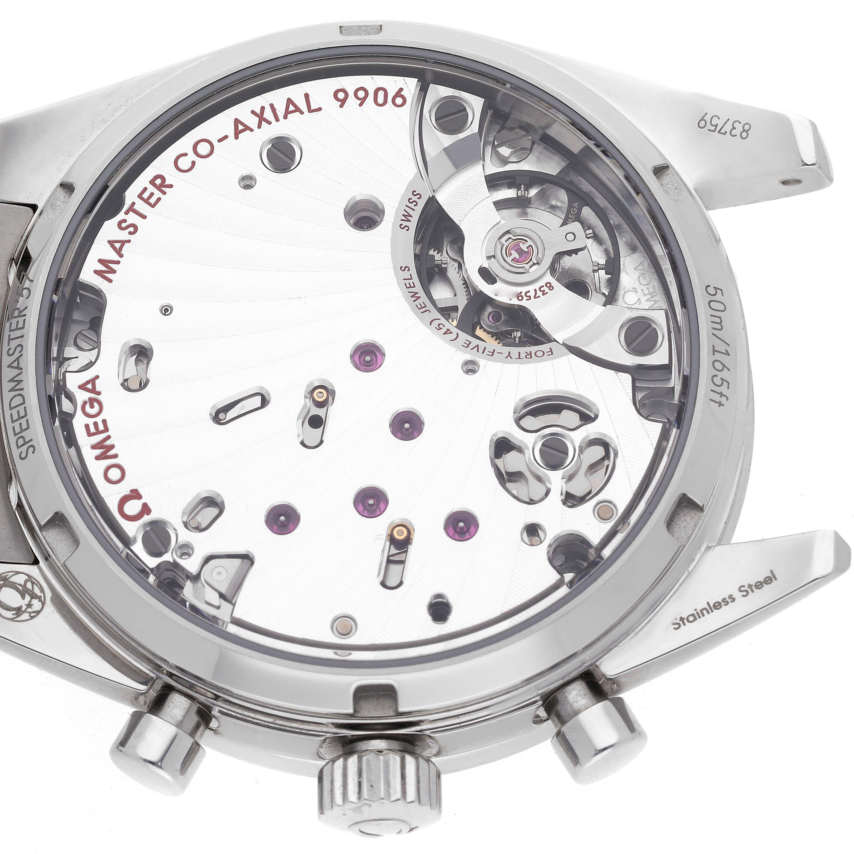 The Omega Speedmaster 332.10.41.51.10.001 Men's Stainless Steel Green Dial 332.10.41.51.10.001 Men's Stainless Steel Green Dial watch is shown from the back, displaying the movement and case details.