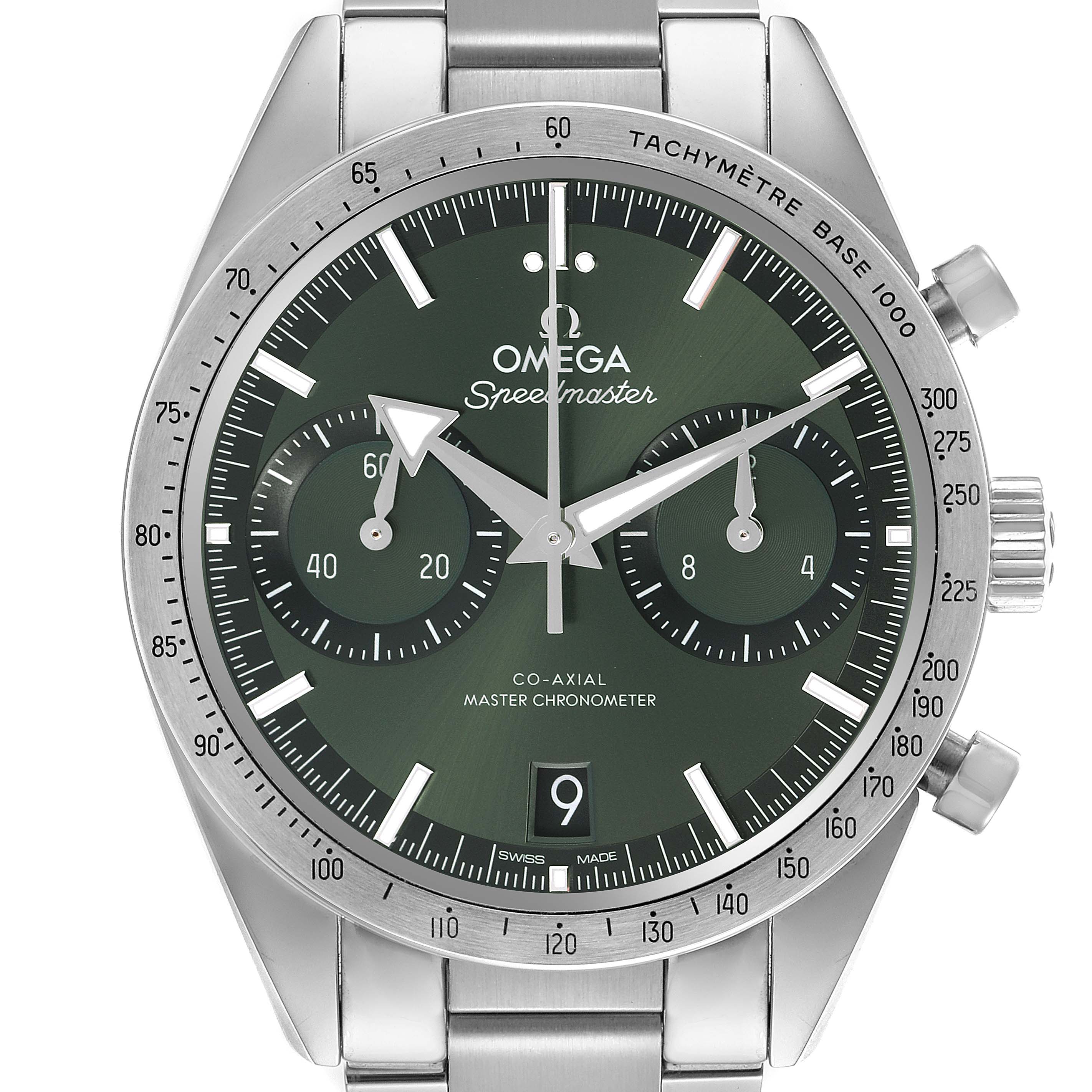 The image shows a front view of the Omega Speedmaster 332.10.41.51.10.001 Men's Stainless Steel Green Dial 332.10.41.51.10.001 Men's Stainless Steel Green Dial, displaying its green dial, subdials, tachymeter bezel, and bracelet.