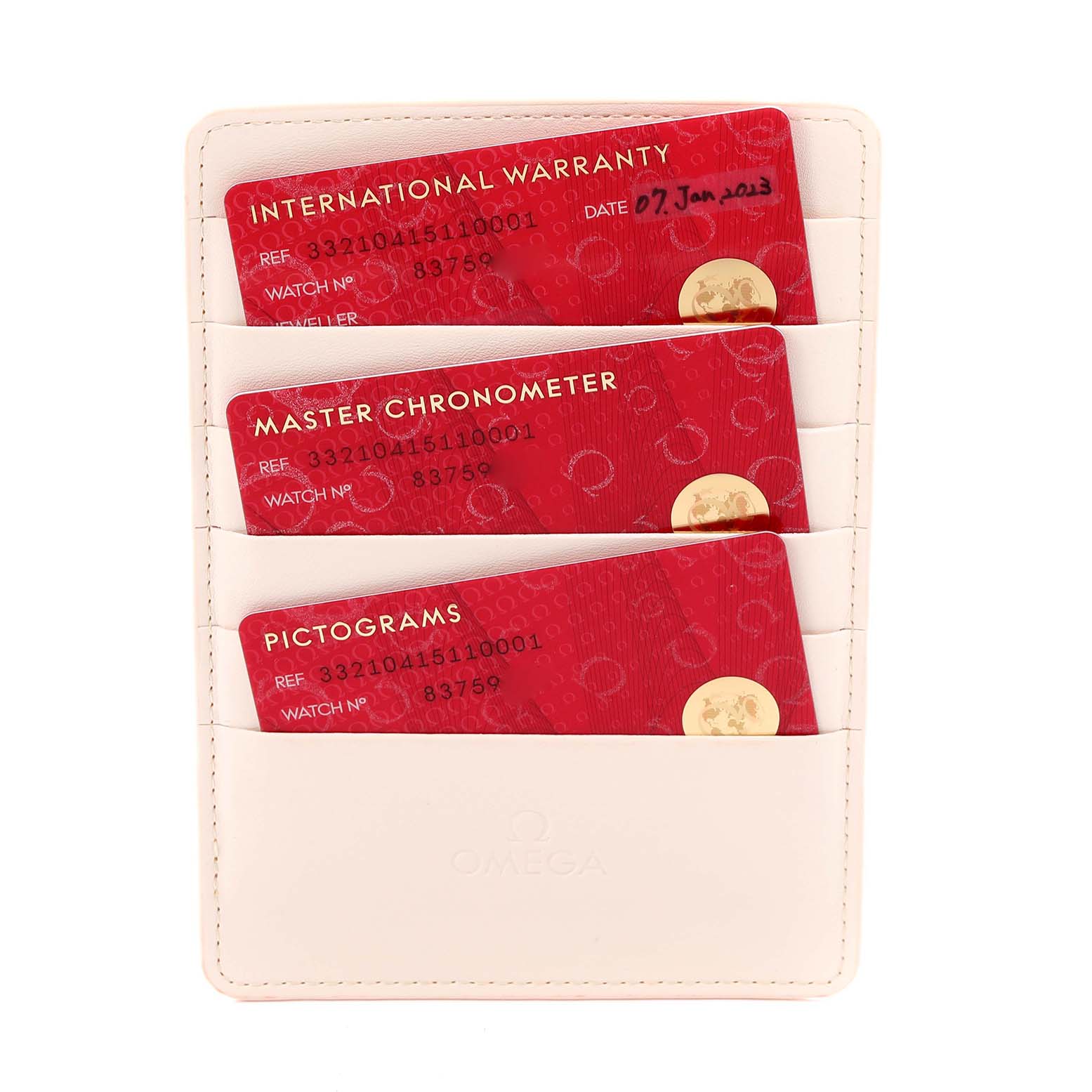 The image shows Omega Speedmaster 332.10.41.51.10.001 Men's Stainless Steel Green Dial 332.10.41.51.10.001 Men's Stainless Steel Green Dial model warranty cards in a holder.