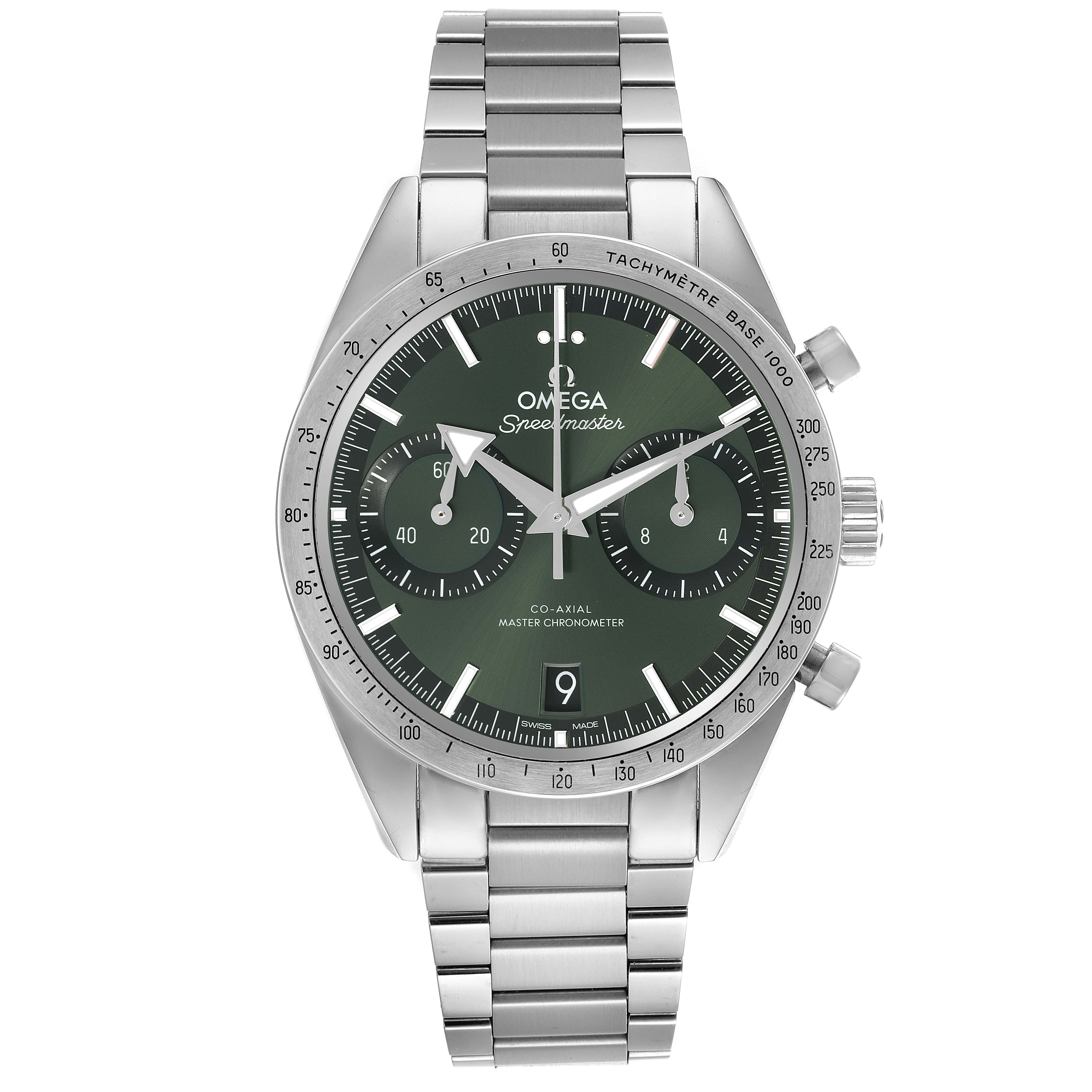 The Omega Speedmaster 332.10.41.51.10.001 Men's Stainless Steel Green Dial 332.10.41.51.10.001 Men's Stainless Steel Green Dial watch is shown from the front, highlighting its green dial, tachymeter bezel, and stainless steel bracelet.