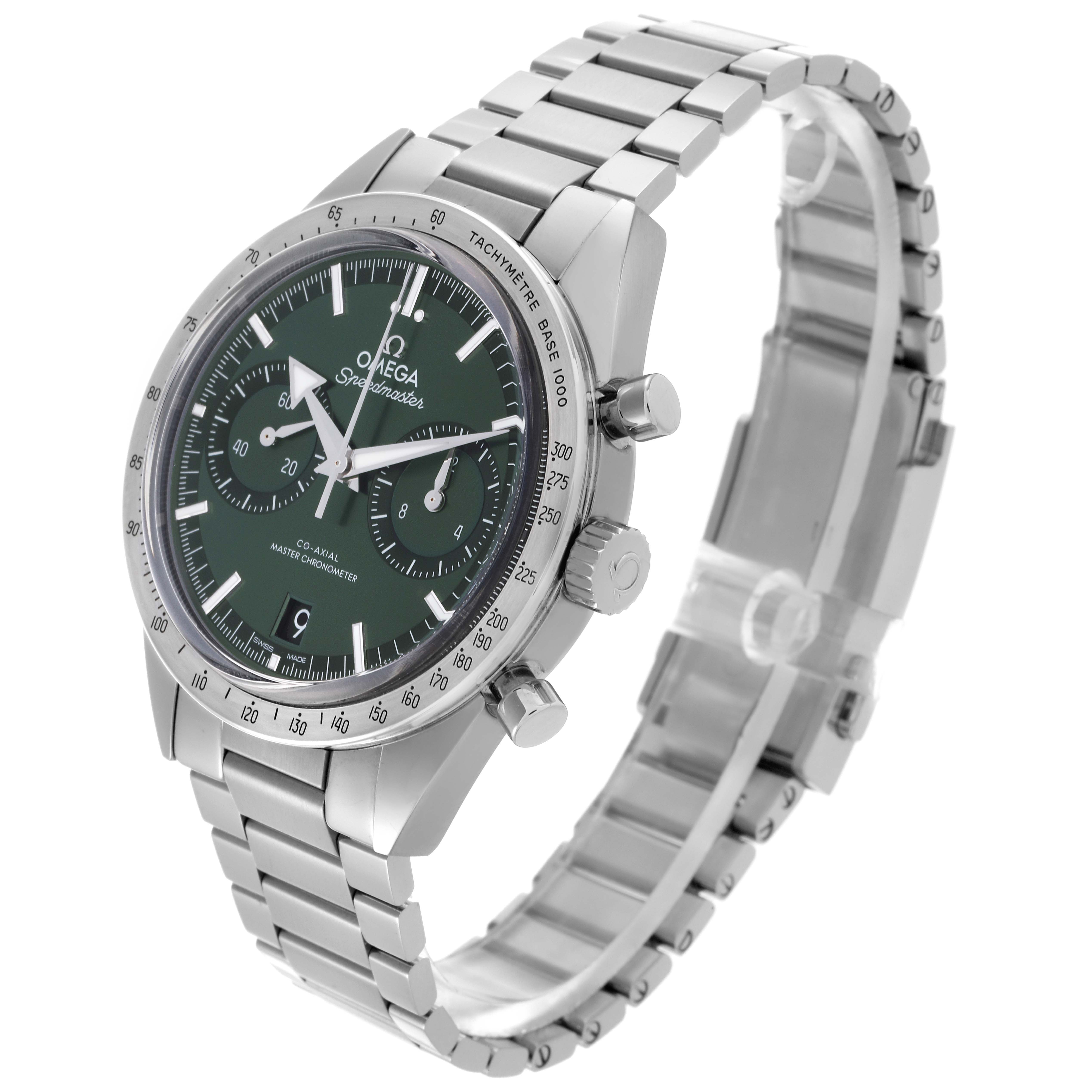 The Omega Speedmaster 332.10.41.51.10.001 Men's Stainless Steel Green Dial 332.10.41.51.10.001 Men's Stainless Steel Green Dial watch is shown at a three-quarter angle, highlighting the face, bezel, pushers, crown, and bracelet.