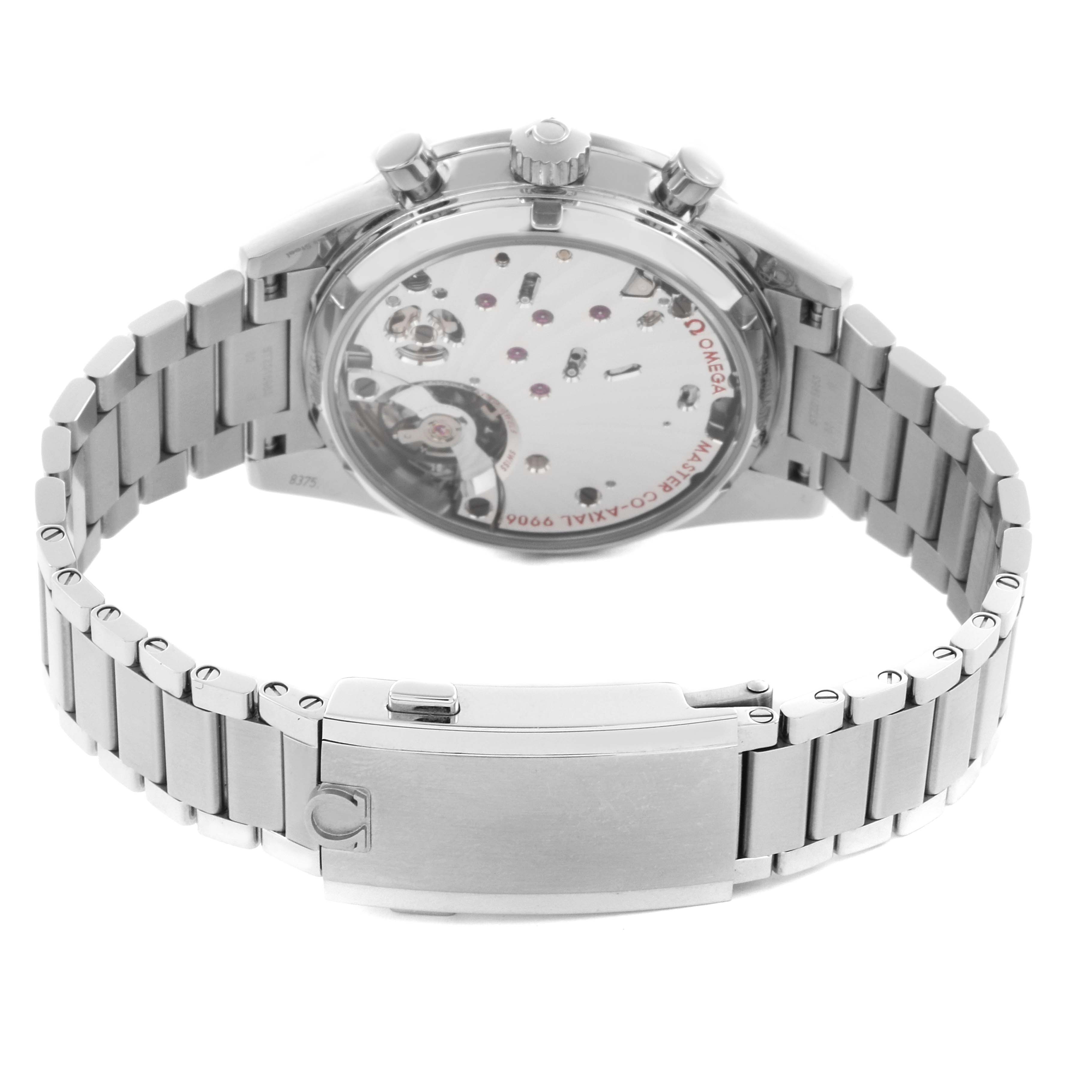 The Omega Speedmaster 332.10.41.51.10.001 Men's Stainless Steel Green Dial 332.10.41.51.10.001 Men's Stainless Steel Green Dial is shown from the back, highlighting its movement and stainless steel bracelet.