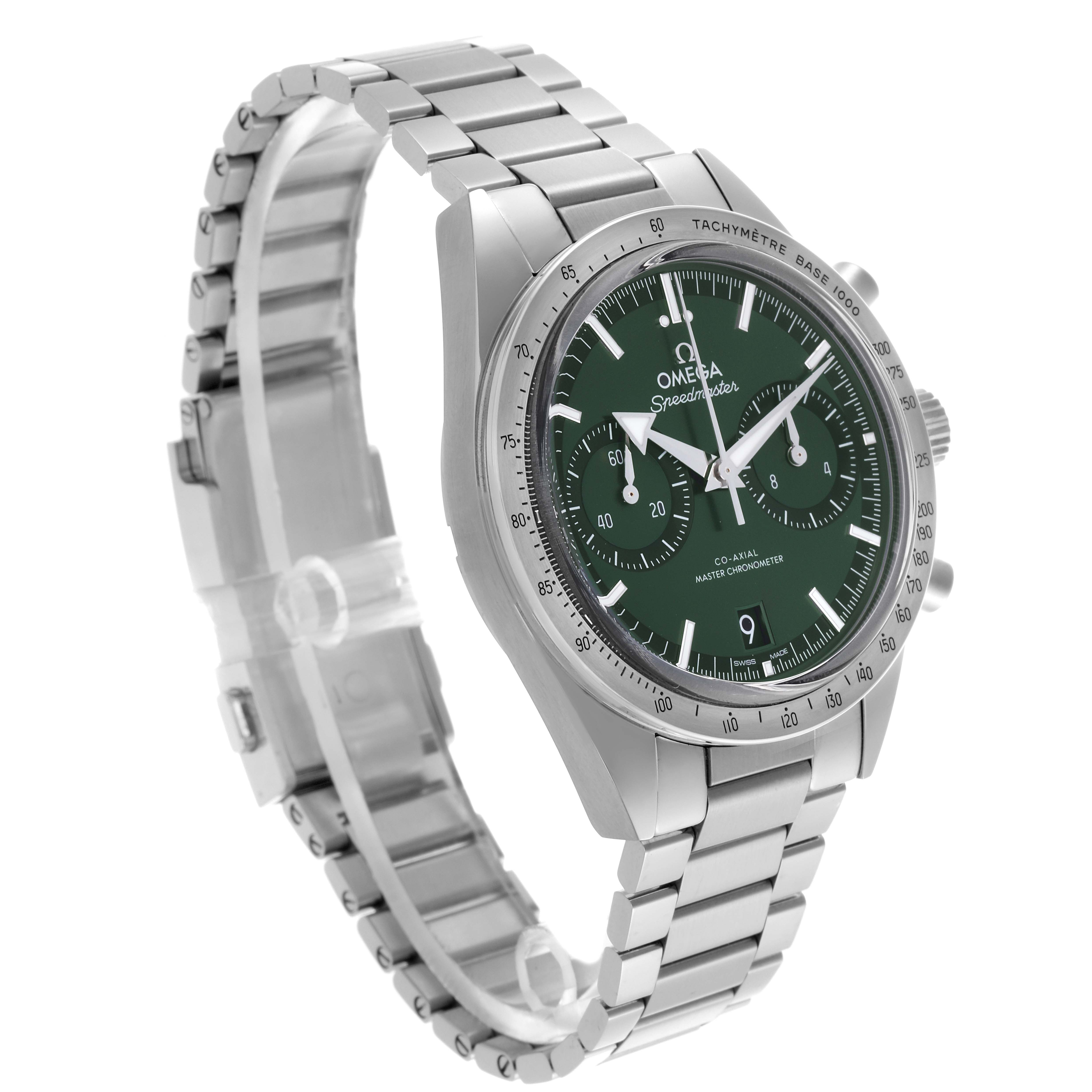 The Omega Speedmaster 332.10.41.51.10.001 Men's Stainless Steel Green Dial 332.10.41.51.10.001 Men's Stainless Steel Green Dial watch is shown at a three-quarter angle, displaying its dial, tachymeter bezel, and stainless steel bracelet.