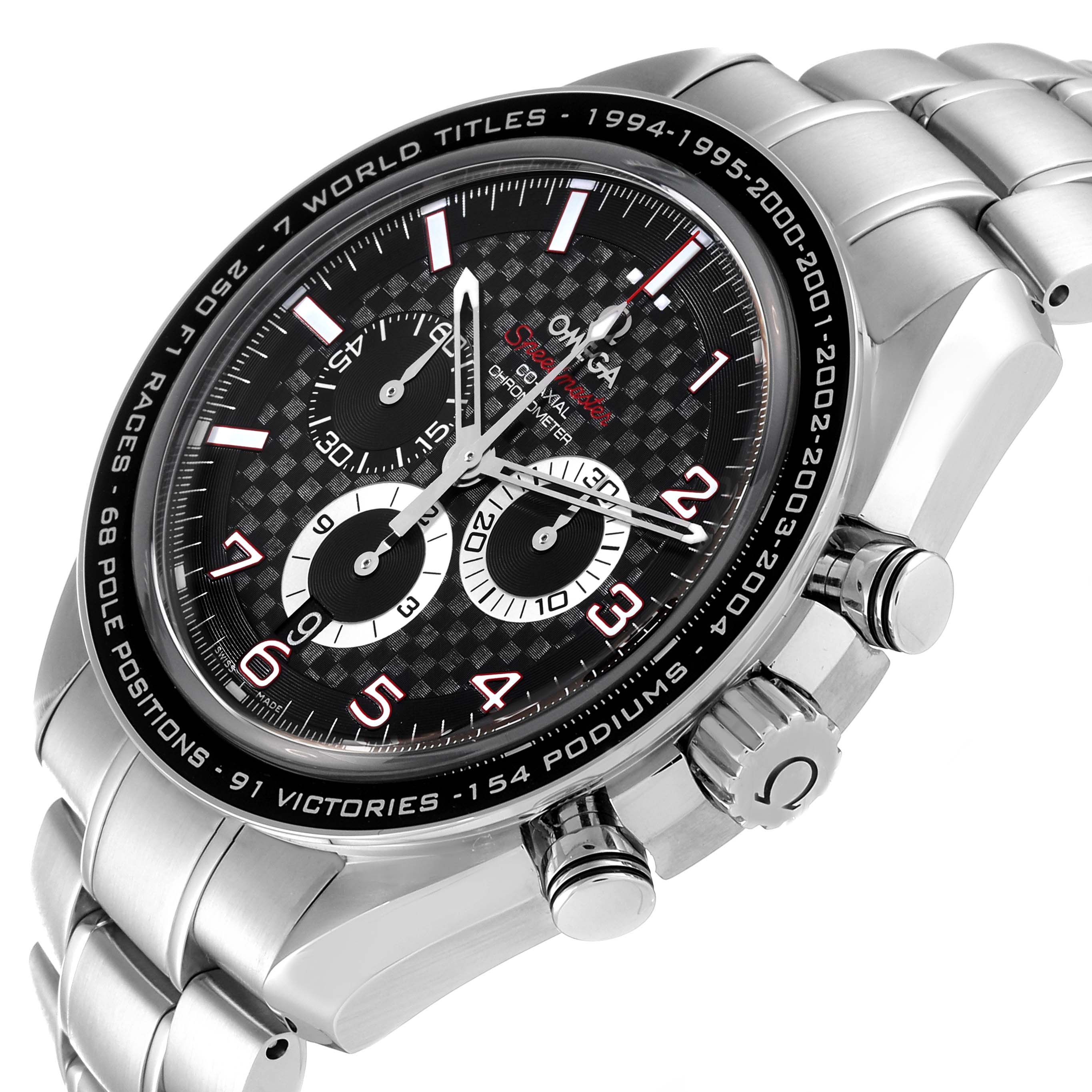 This image shows a close-up of the face and side buttons of an Omega Speedmaster 321.30.44.50.01.001 Men's Stainless Steel Black Dial 321.30.44.50.01.001 Men's Stainless Steel Black Dial watch, angled slightly from the side.