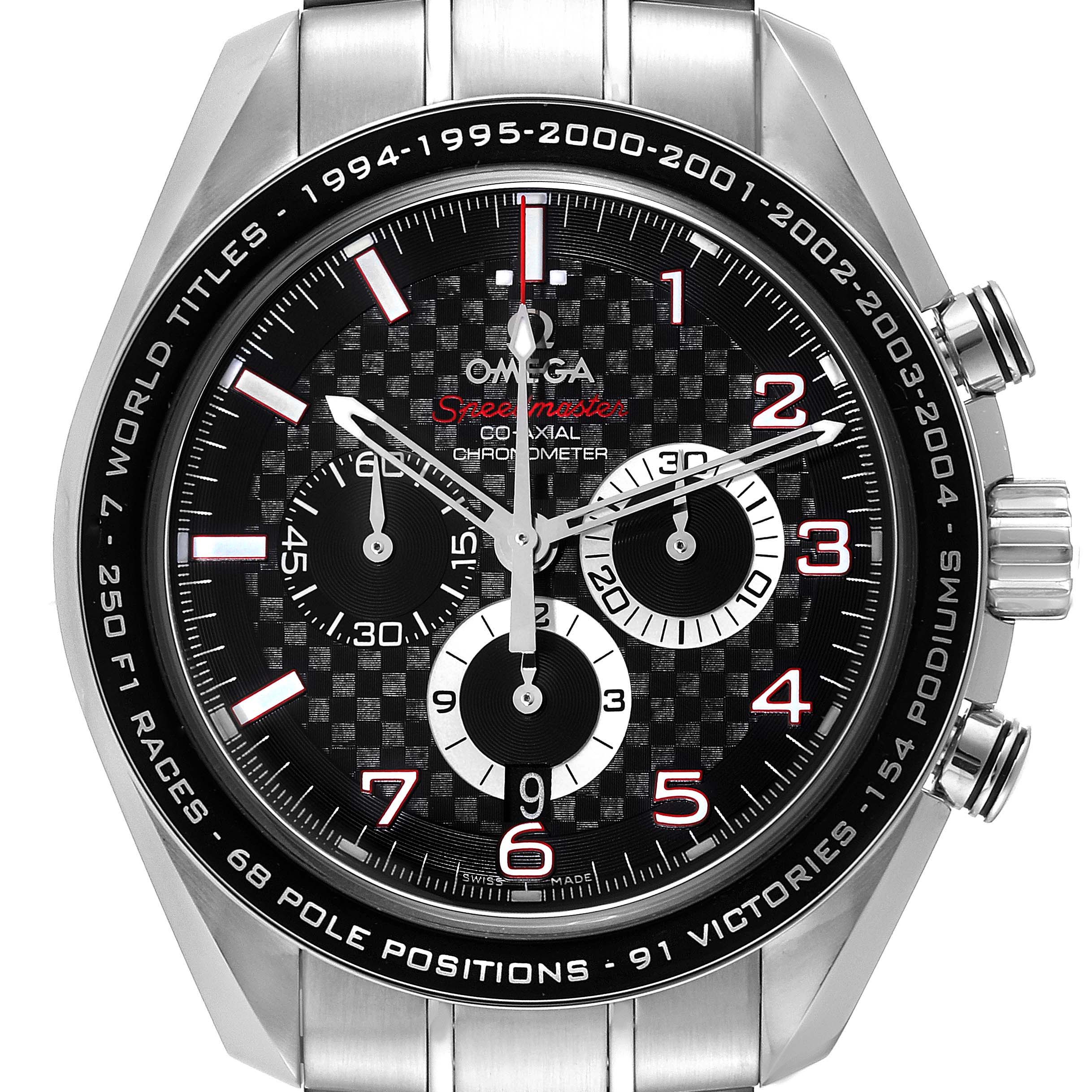 This image shows the Omega Speedmaster 321.30.44.50.01.001 Men's Stainless Steel Black Dial 321.30.44.50.01.001 Men's Stainless Steel Black Dial watch face and bezel from a front-facing angle, highlighting the chronograph dials and markings.