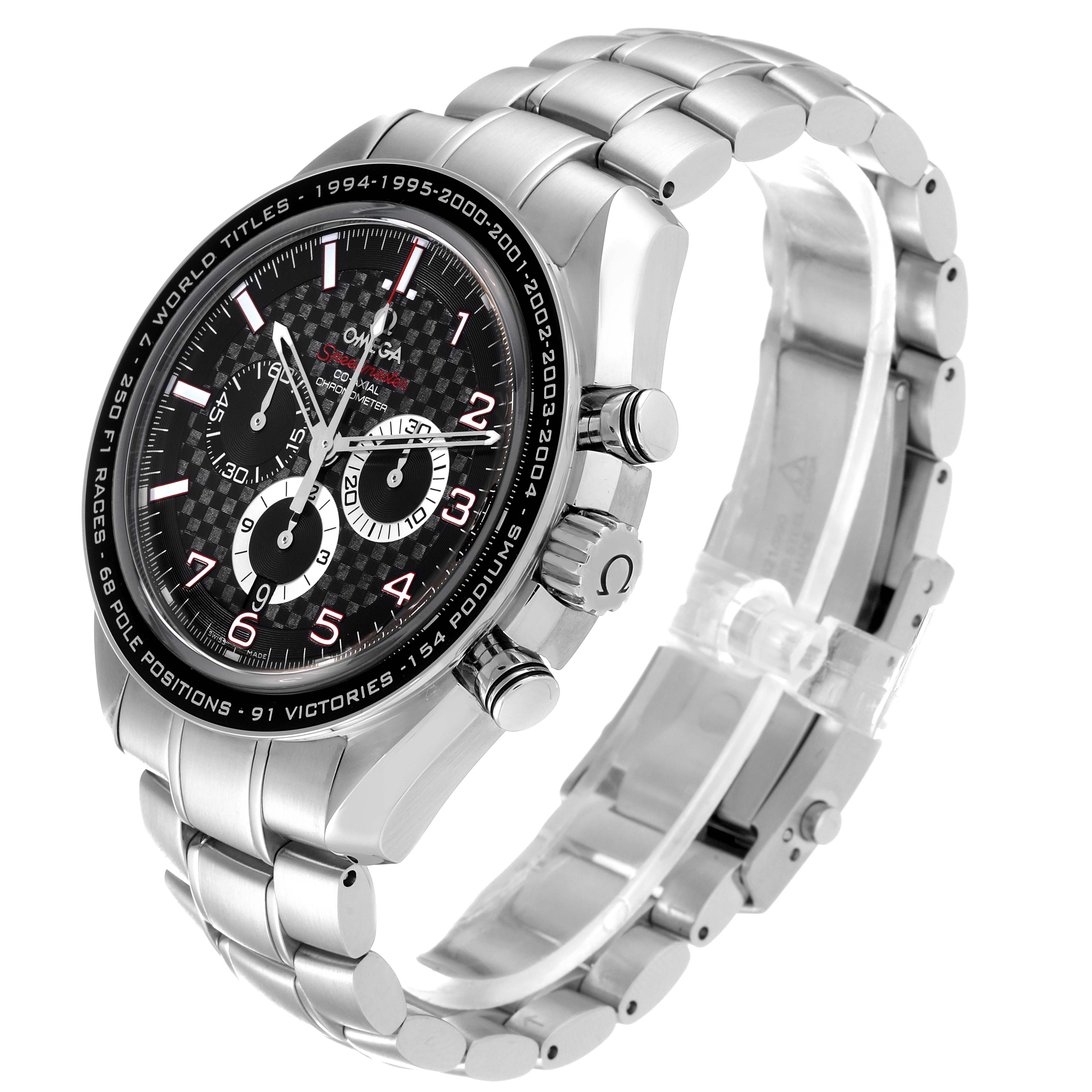 The Omega Speedmaster 321.30.44.50.01.001 Men's Stainless Steel Black Dial 321.30.44.50.01.001 Men's Stainless Steel Black Dial watch is shown at an angled view, highlighting the dial, chronograph buttons, and stainless-steel bracelet.