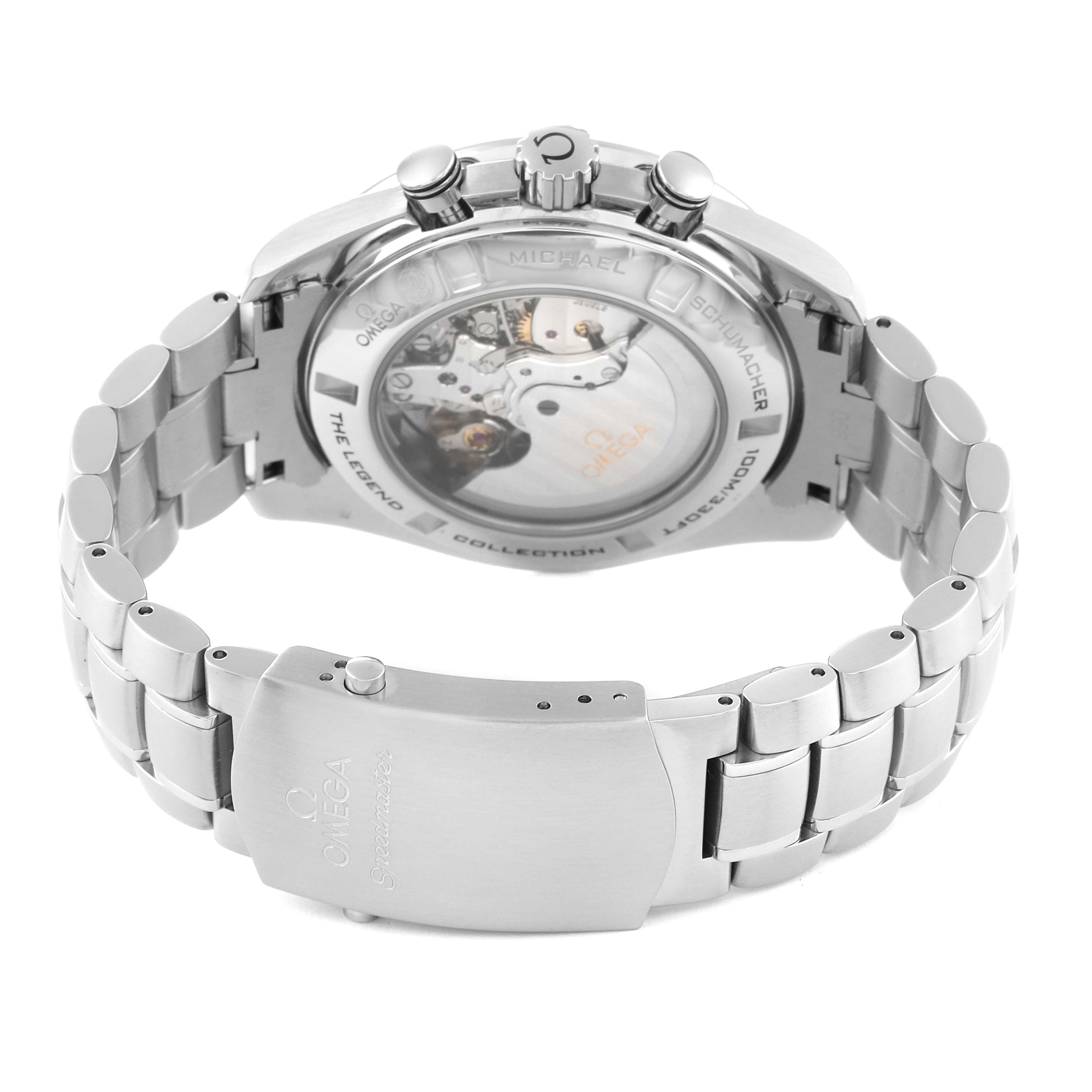 The image shows the back view of an Omega Speedmaster 321.30.44.50.01.001 Men's Stainless Steel Black Dial 321.30.44.50.01.001 Men's Stainless Steel Black Dial watch, highlighting its bracelet and transparent case back.