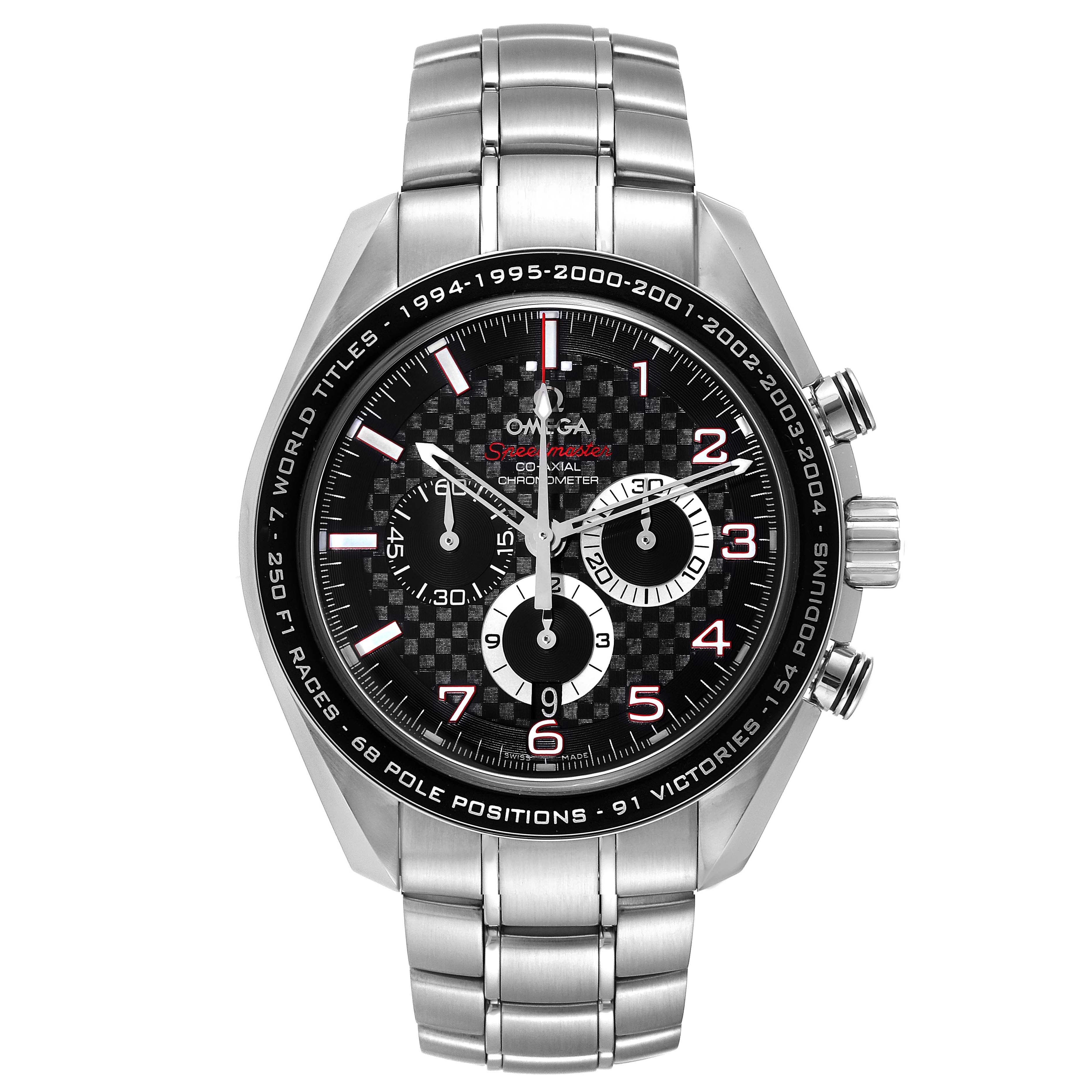 The image shows the front view of an Omega Speedmaster 321.30.44.50.01.001 Men's Stainless Steel Black Dial 321.30.44.50.01.001 Men's Stainless Steel Black Dial watch, showcasing its face, bezel, crown, and bracelet.