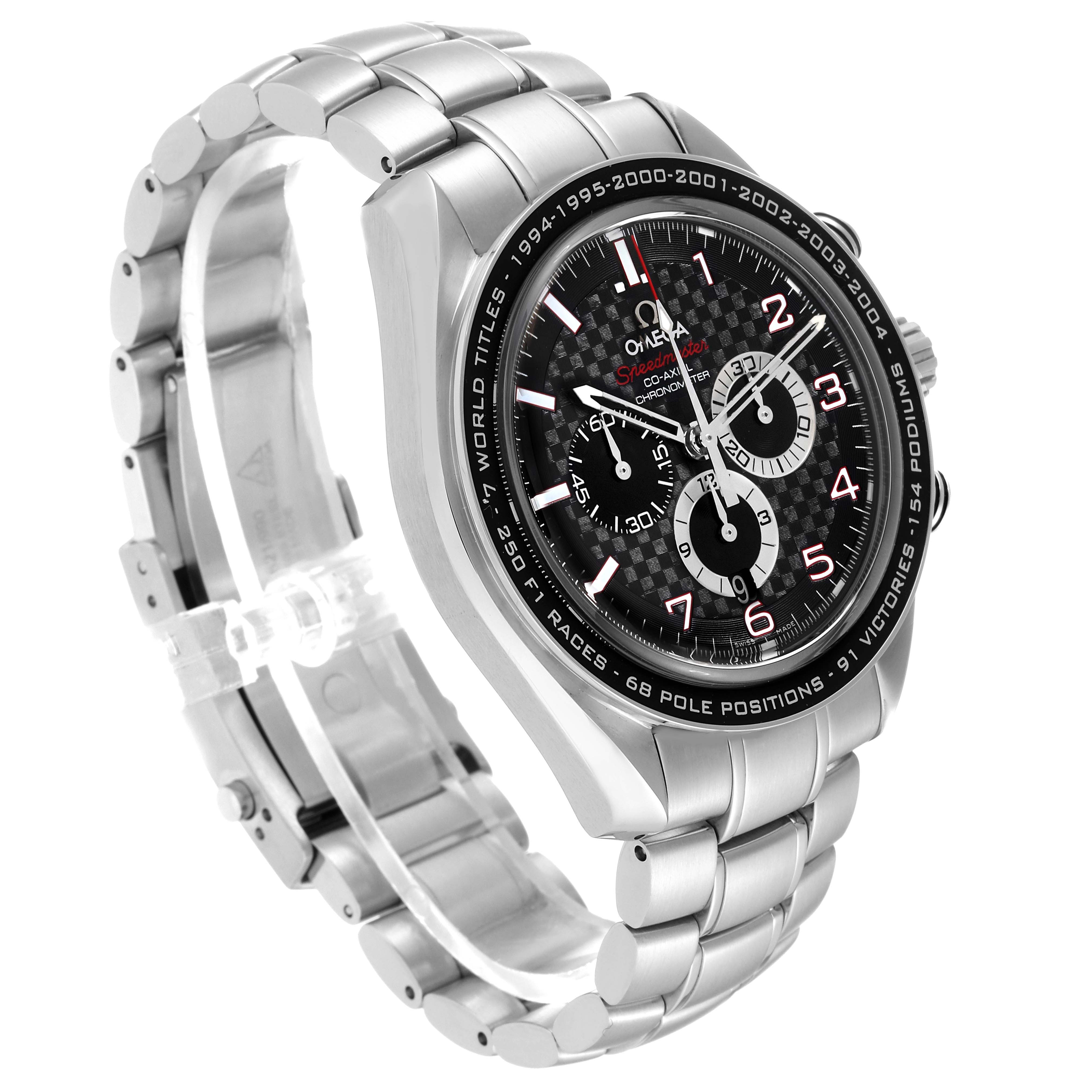 The Omega Speedmaster 321.30.44.50.01.001 Men's Stainless Steel Black Dial 321.30.44.50.01.001 Men's Stainless Steel Black Dial watch is shown at a three-quarter angle, highlighting its stainless steel band and detailed dial.