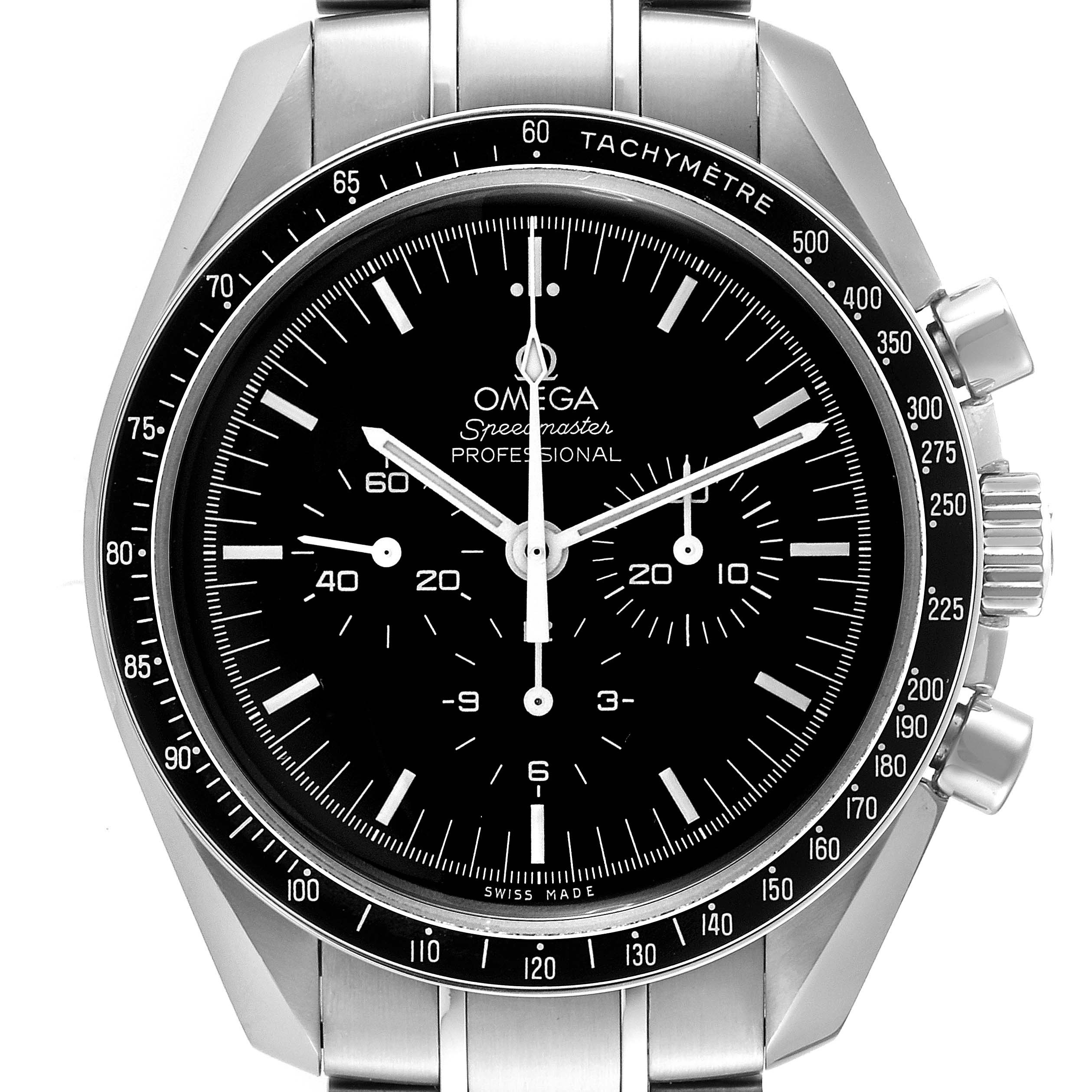 This image shows a straight-on view of the Omega Speedmaster 311.30.42.30.01.005 Men
s Stainless Steel Black Dial 311.30.42.30.01.005 Men
s Stainless Steel Black Dial watch, highlighting the dial, hands, subdials, bezel, and part of the bracelet.