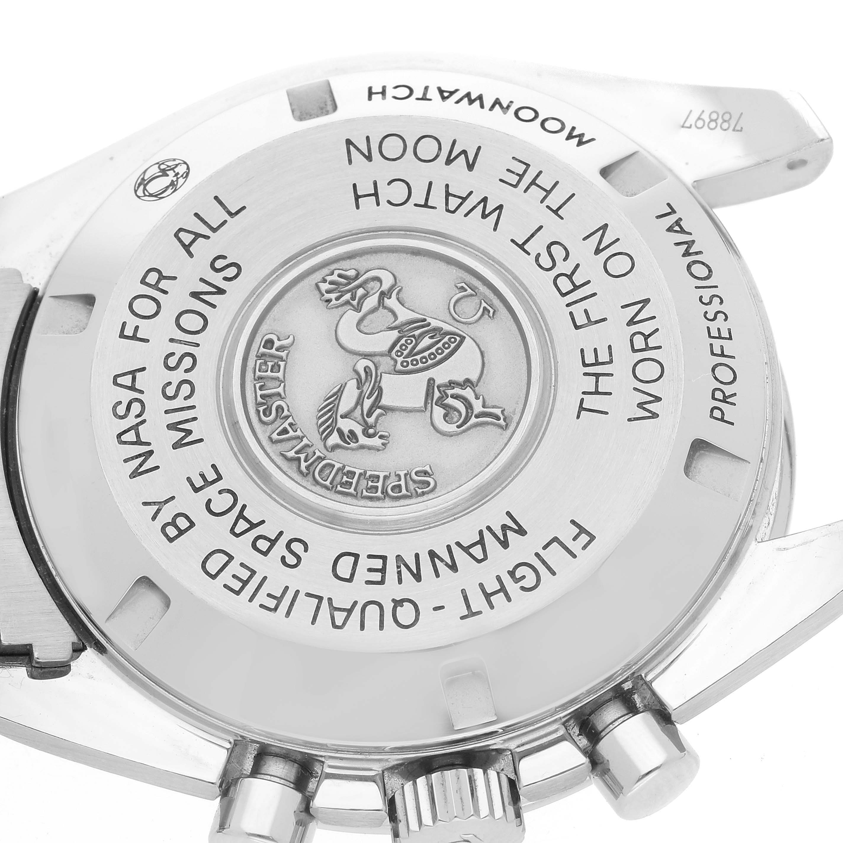 This image shows the back case of an Omega Speedmaster 311.30.42.30.01.005 Men
s Stainless Steel Black Dial 311.30.42.30.01.005 Men
s Stainless Steel Black Dial watch, detailing its markings and engravings.