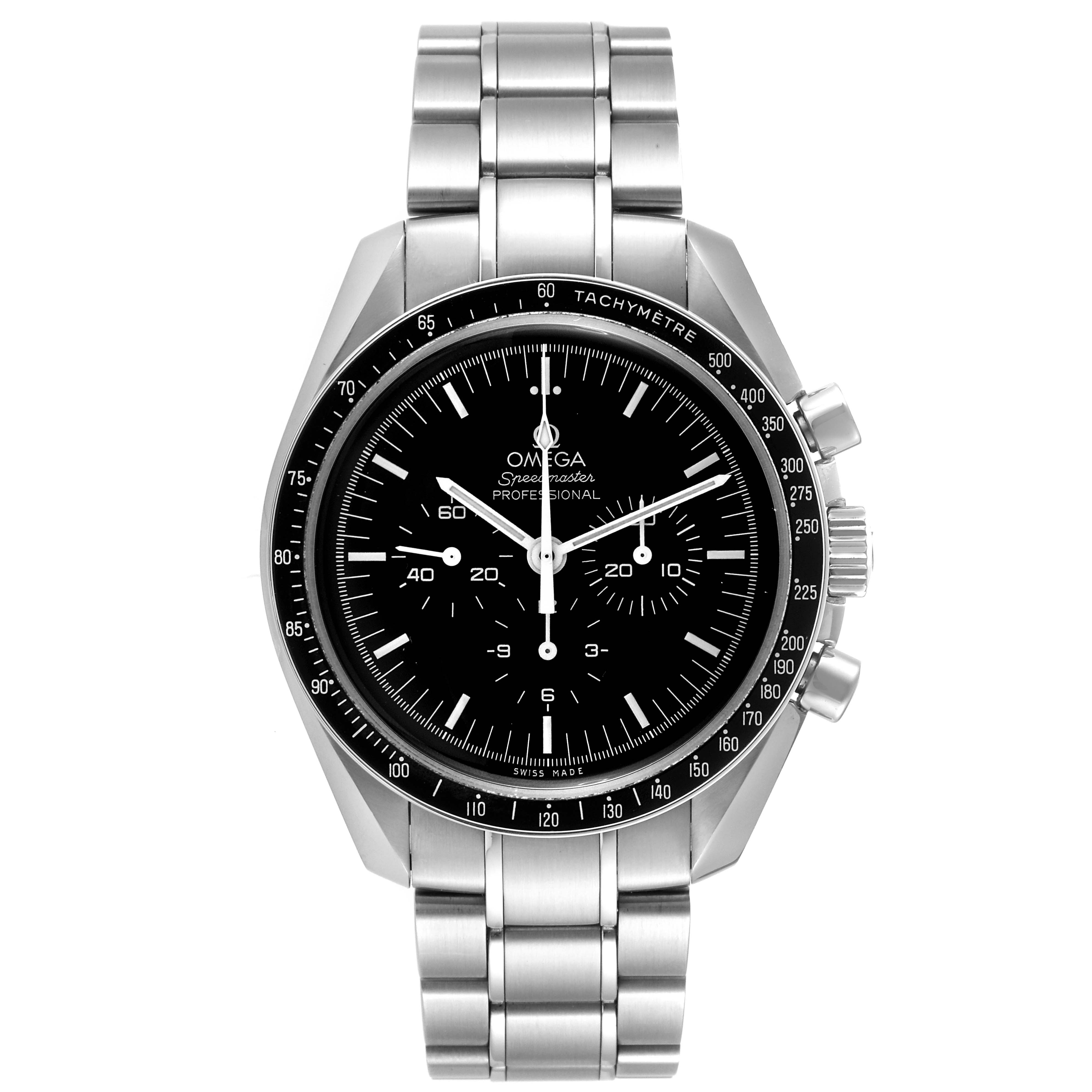 This Omega Speedmaster 311.30.42.30.01.005 Men
s Stainless Steel Black Dial 311.30.42.30.01.005 Men
s Stainless Steel Black Dial watch is shown from the front, displaying the dial, bezel, bracelet, and chronograph pushers.