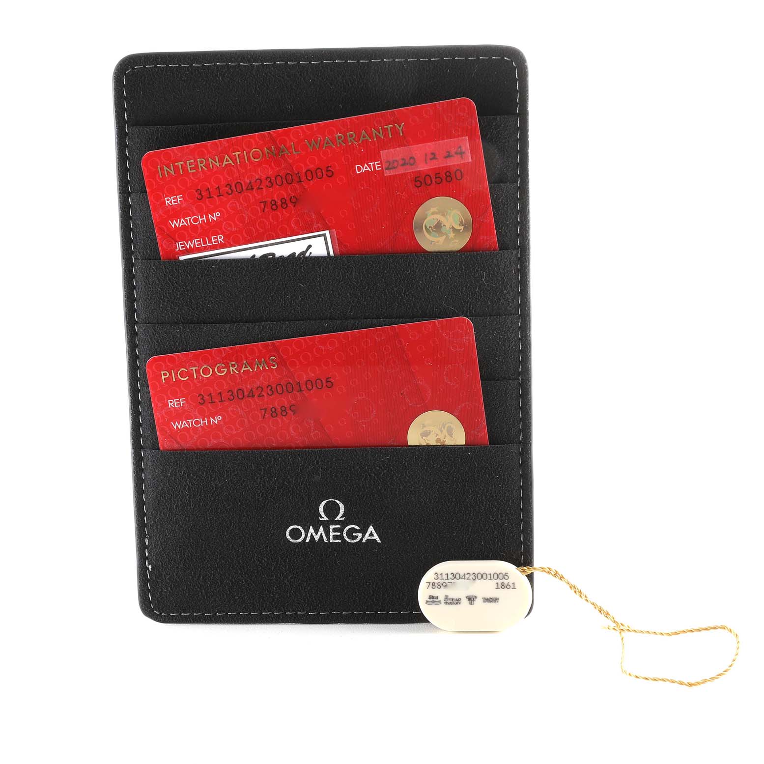 The image shows Omega Speedmaster 311.30.42.30.01.005 Men
s Stainless Steel Black Dial 311.30.42.30.01.005 Men
s Stainless Steel Black Dial model warranty and pictograms cards in a black Omega cardholder from a front angle.