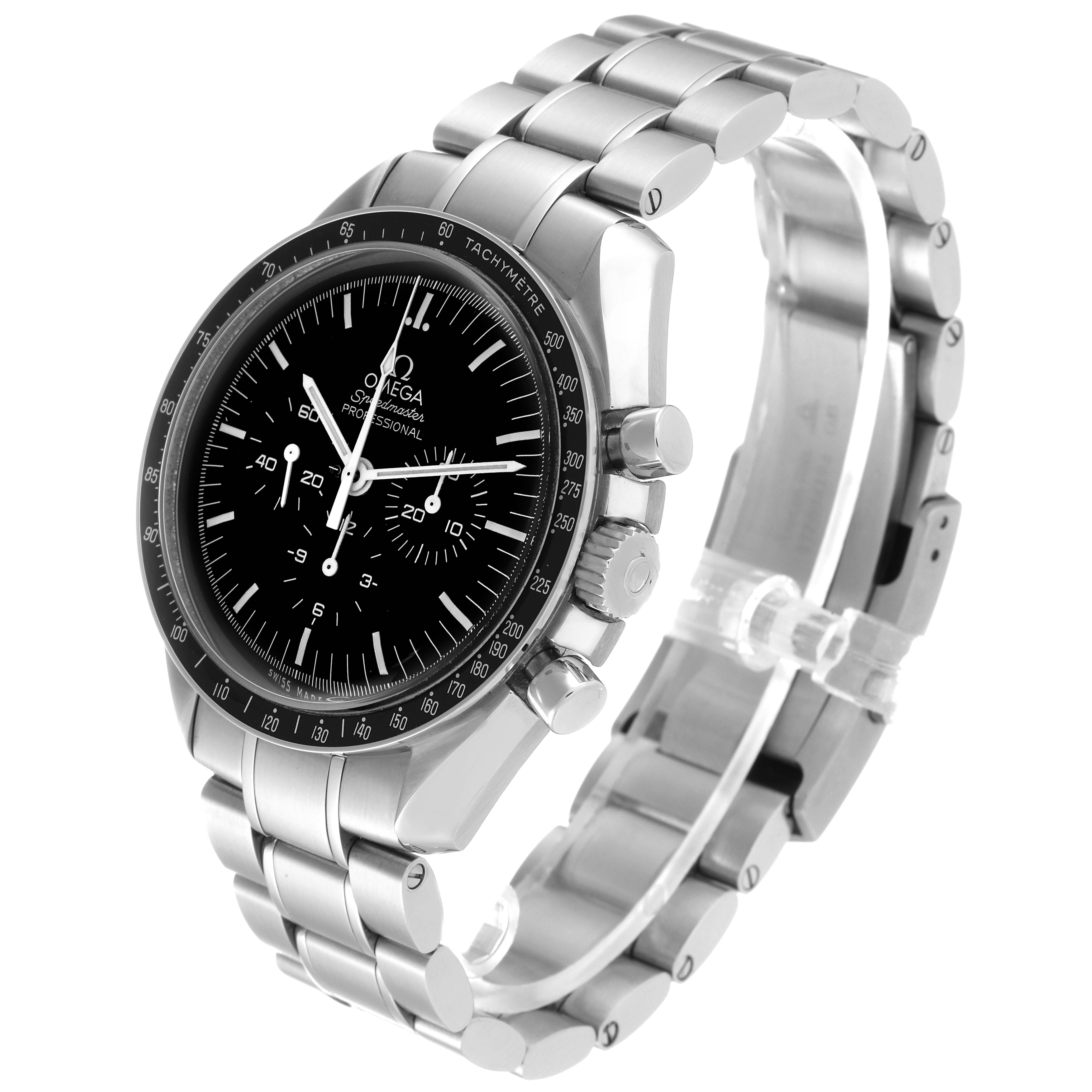 This image shows the Omega Speedmaster 311.30.42.30.01.005 Men
s Stainless Steel Black Dial 311.30.42.30.01.005 Men
s Stainless Steel Black Dial watch at a three-quarter angle highlighting its face, bezel, crown, pushers, and metal bracelet.