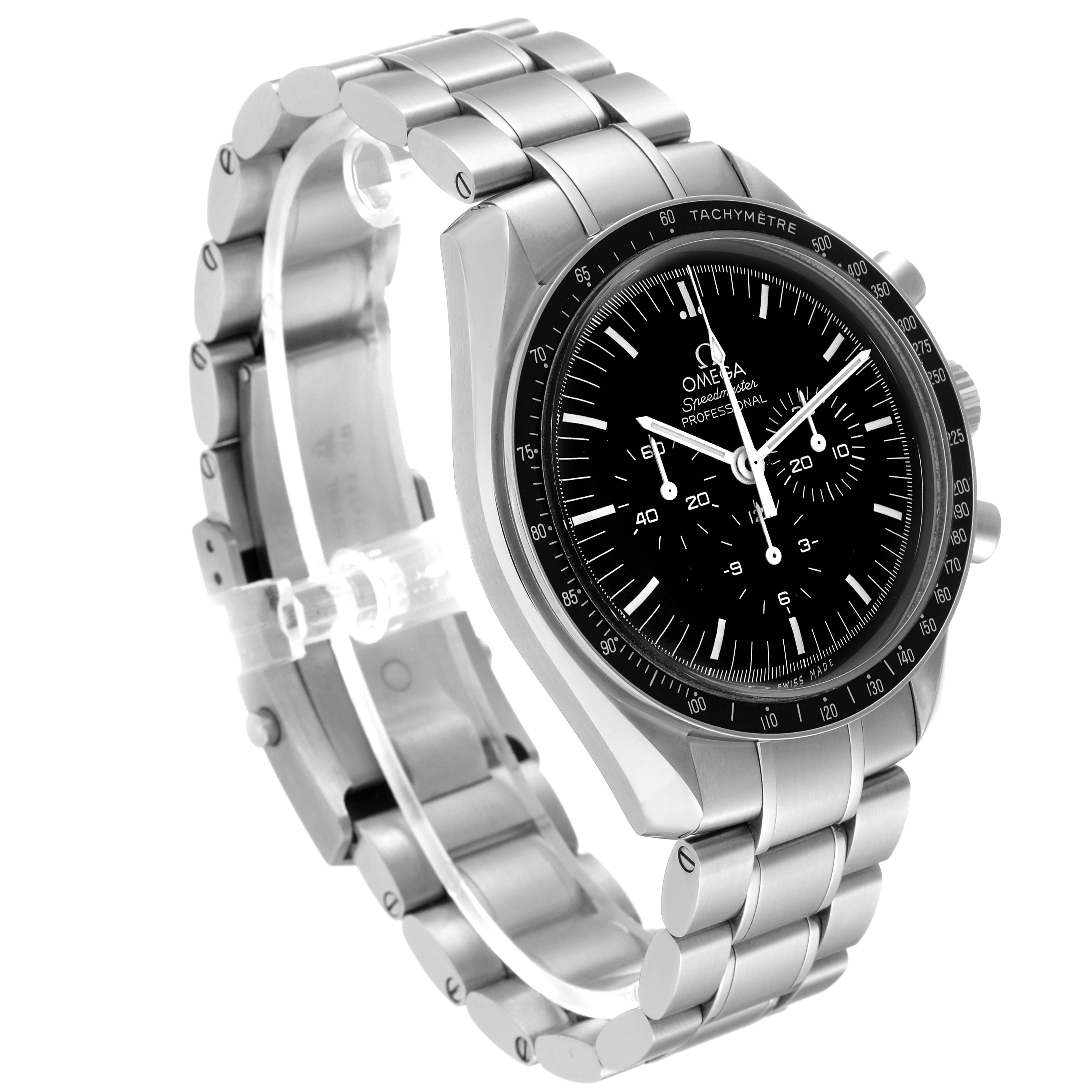The Omega Speedmaster 311.30.42.30.01.005 Men
s Stainless Steel Black Dial 311.30.42.30.01.005 Men
s Stainless Steel Black Dial watch is shown at a three-quarter angle, highlighting the face, bracelet, and tachymeter bezel.
