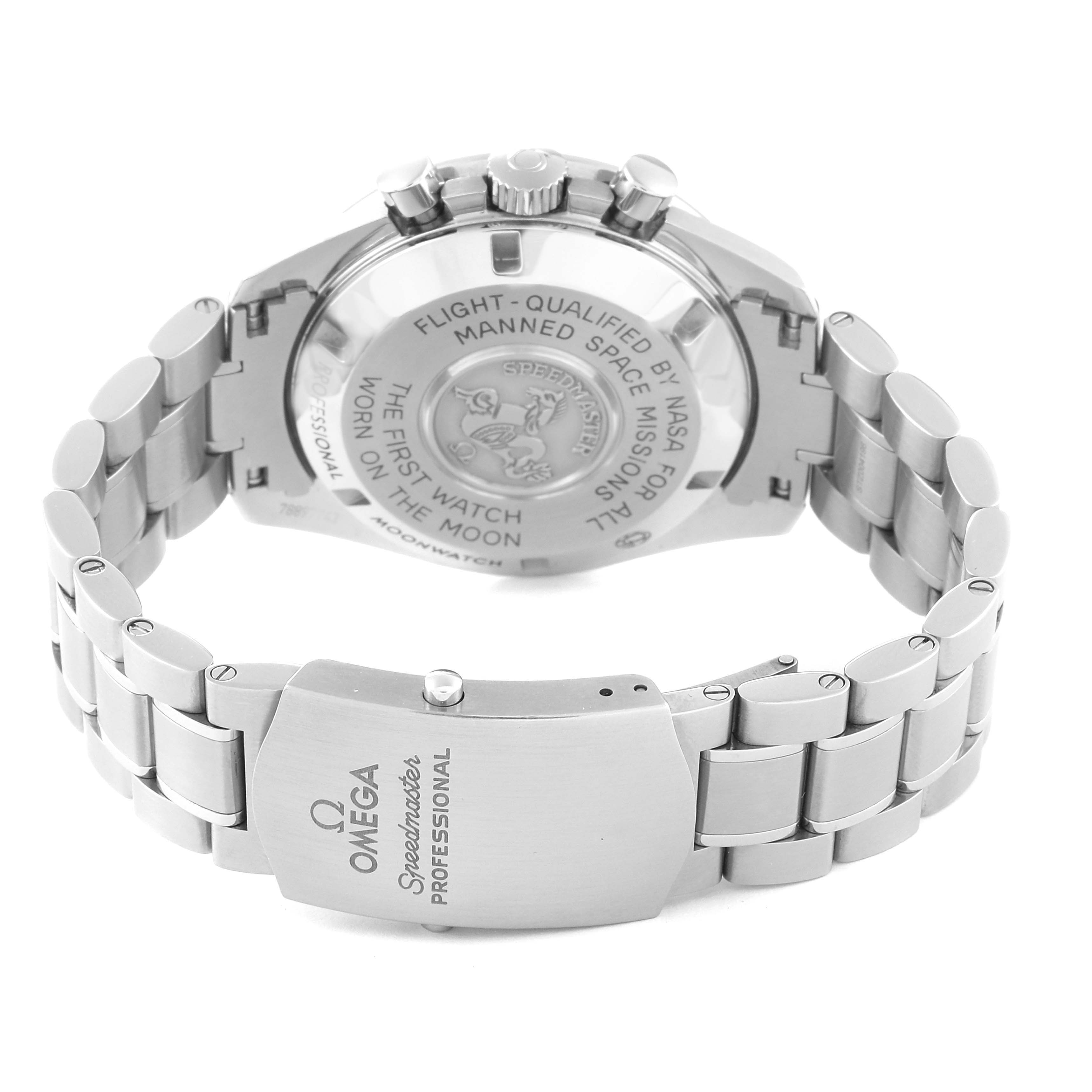 The image shows the back and clasp of an Omega Speedmaster 311.30.42.30.01.005 Men
s Stainless Steel Black Dial 311.30.42.30.01.005 Men
s Stainless Steel Black Dial watch, highlighting its stainless steel bracelet and engraved case back.