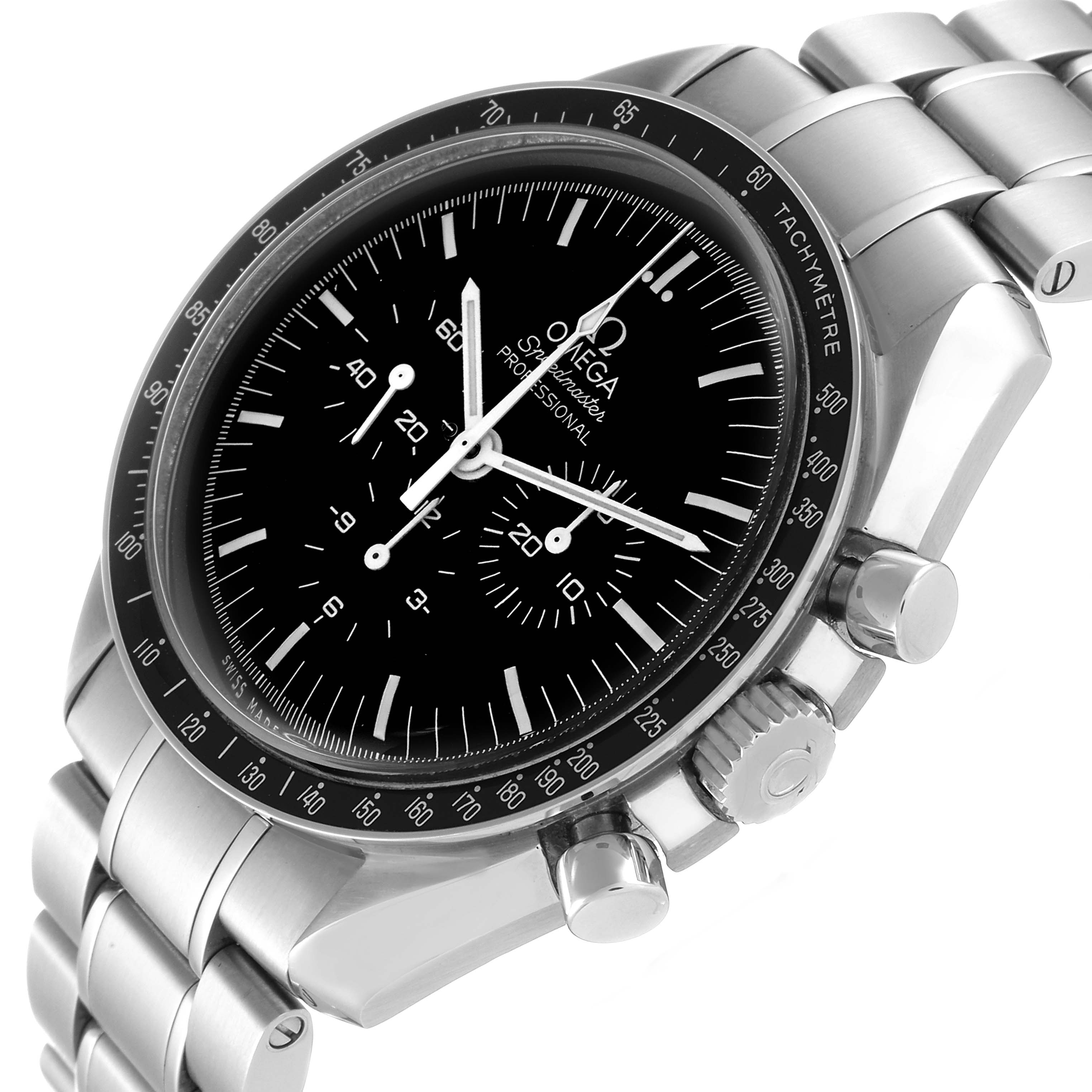The image shows a close-up angled view of an Omega Speedmaster 311.30.42.30.01.005 Men
s Stainless Steel Black Dial 311.30.42.30.01.005 Men
s Stainless Steel Black Dial watch focusing on the dial and stainless steel bracelet.