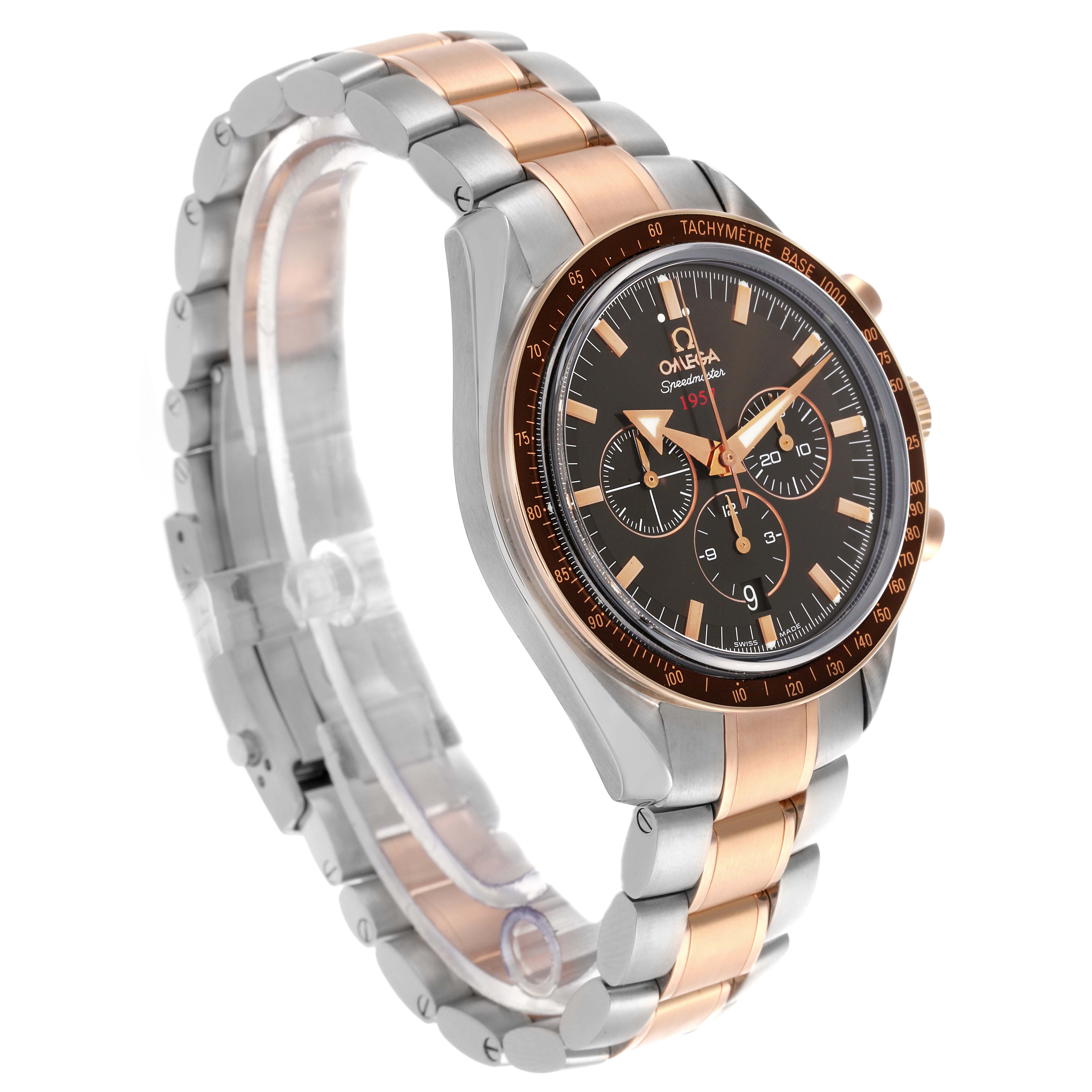 The Omega Speedmaster 321.90.42.50.13.001 Men's Steel and Gold (two tone) Brown Dial 321.90.42.50.13.001 Men's Steel and Gold (two tone) Brown Dial watch is shown at a side angle, highlighting its dial, bezel, and bracelet details.