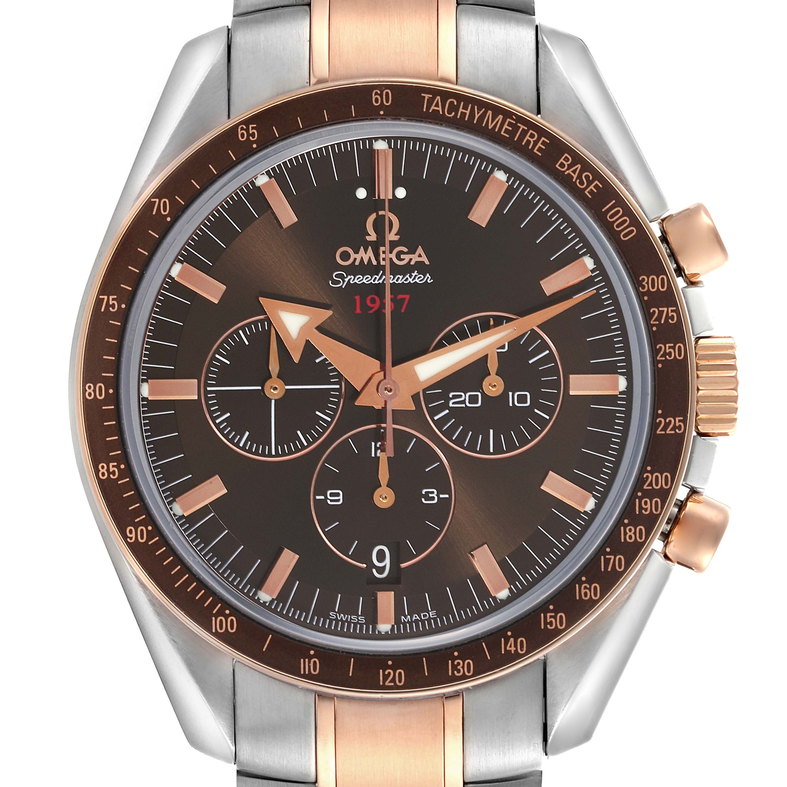 The Omega Speedmaster 321.90.42.50.13.001 Men's Steel and Gold (two tone) Brown Dial 321.90.42.50.13.001 Men's Steel and Gold (two tone) Brown Dial watch is shown from the front, displaying its dial, tachymeter bezel, and chronograph sub-dials.
