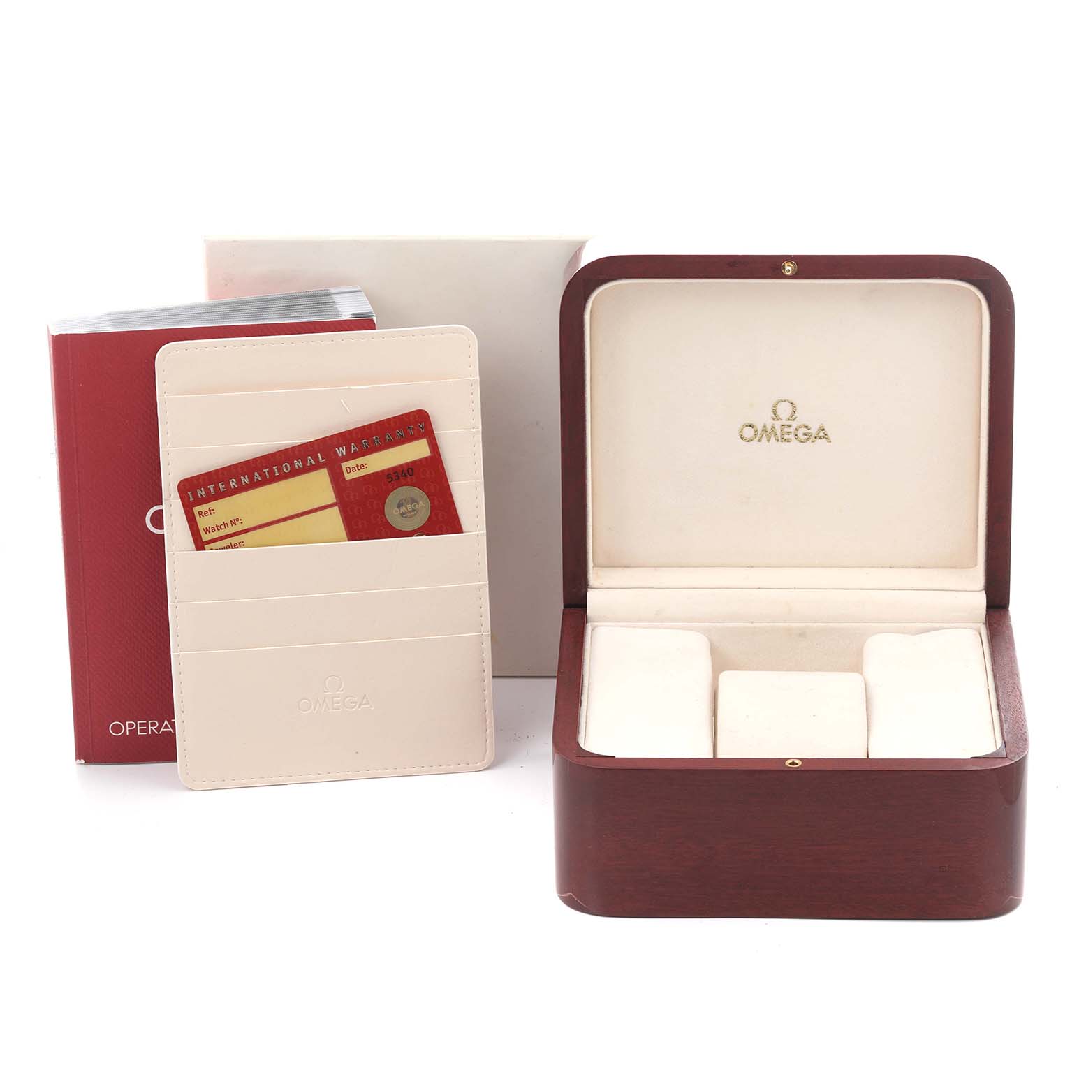 The image shows the Omega Speedmaster 321.90.42.50.13.001 Men's Steel and Gold (two tone) Brown Dial 321.90.42.50.13.001 Men's Steel and Gold (two tone) Brown Dial's wooden box, warranty card holder, and instruction booklets.