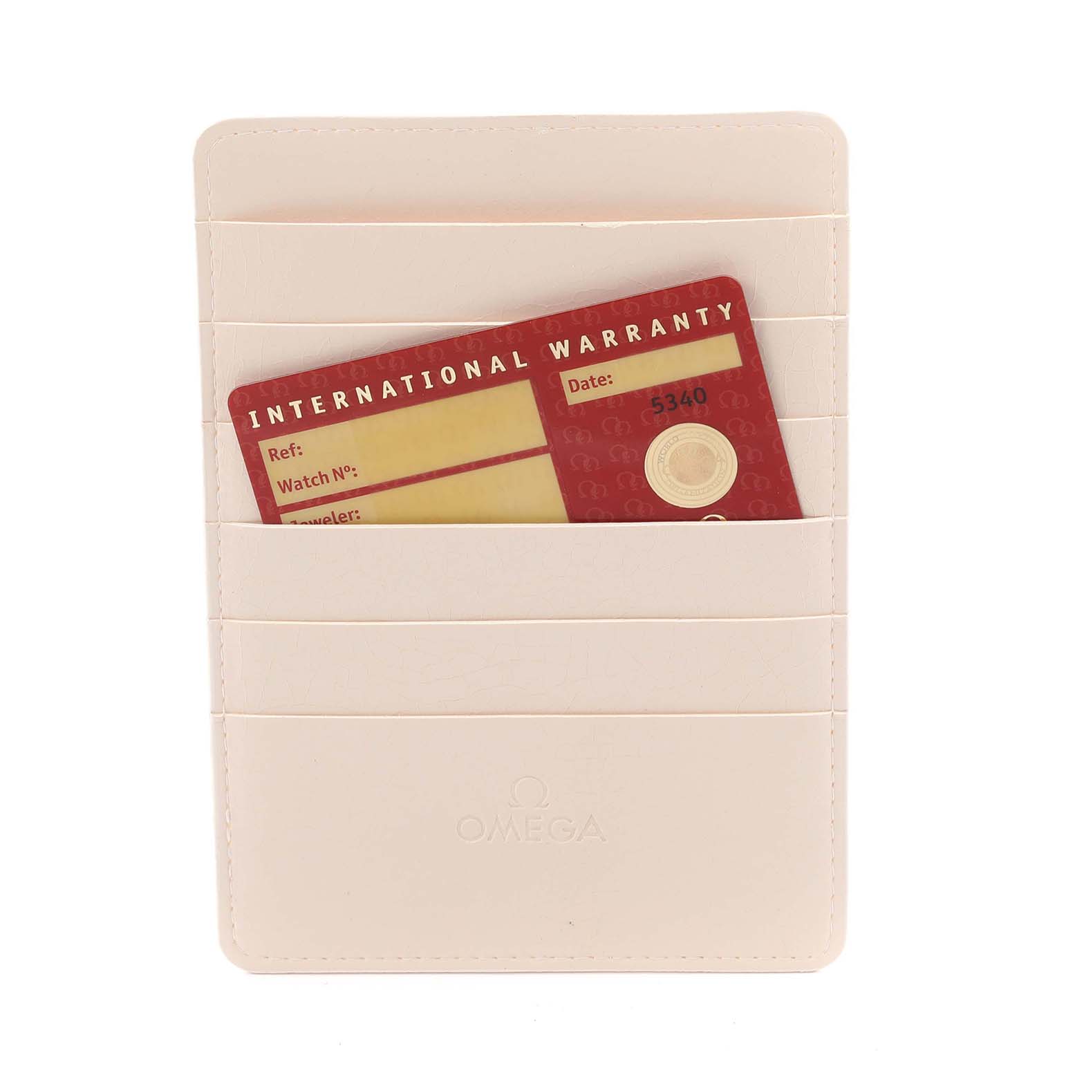 The Omega Speedmaster 321.90.42.50.13.001 Men's Steel and Gold (two tone) Brown Dial 321.90.42.50.13.001 Men's Steel and Gold (two tone) Brown Dial accessories shown include a warranty card and a beige cardholder with the Omega logo.