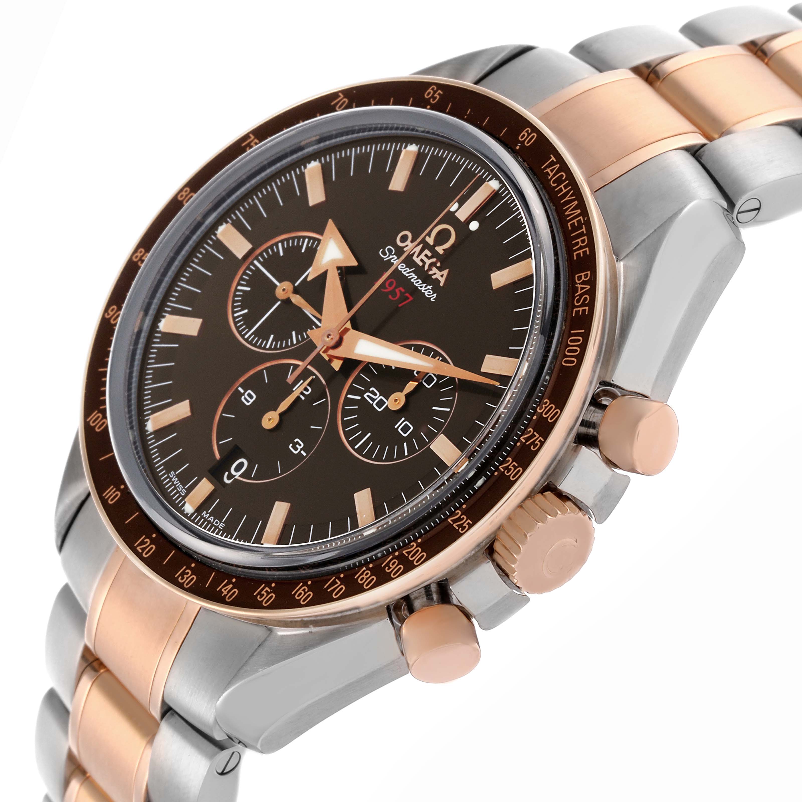 The Omega Speedmaster 321.90.42.50.13.001 Men's Steel and Gold (two tone) Brown Dial 321.90.42.50.13.001 Men's Steel and Gold (two tone) Brown Dial is shown at a three-quarter angle, highlighting the bezel, crown, and two-tone bracelet.