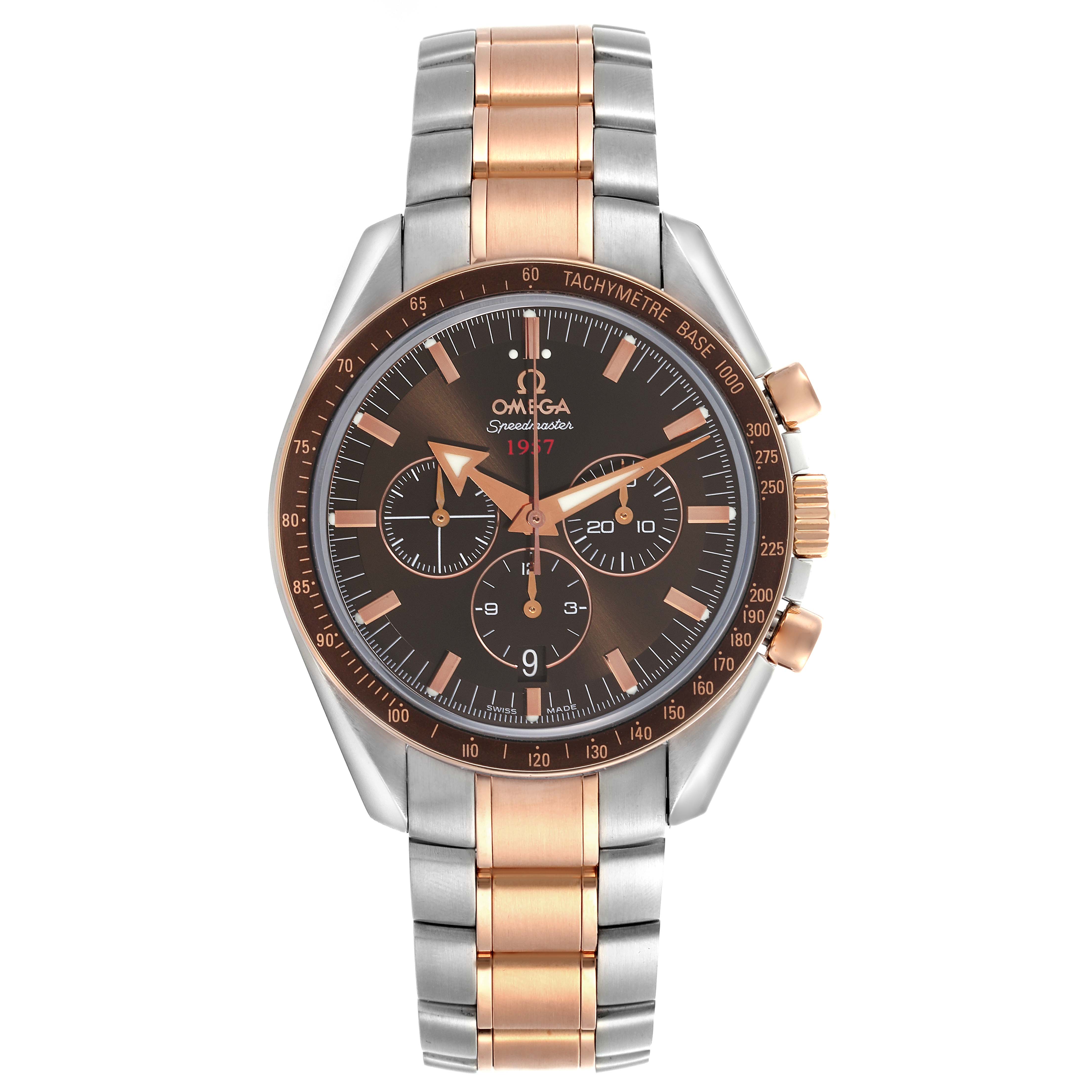 The Omega Speedmaster 321.90.42.50.13.001 Men's Steel and Gold (two tone) Brown Dial 321.90.42.50.13.001 Men's Steel and Gold (two tone) Brown Dial watch is shown from the front, highlighting its dial, bezel, and two-tone bracelet.