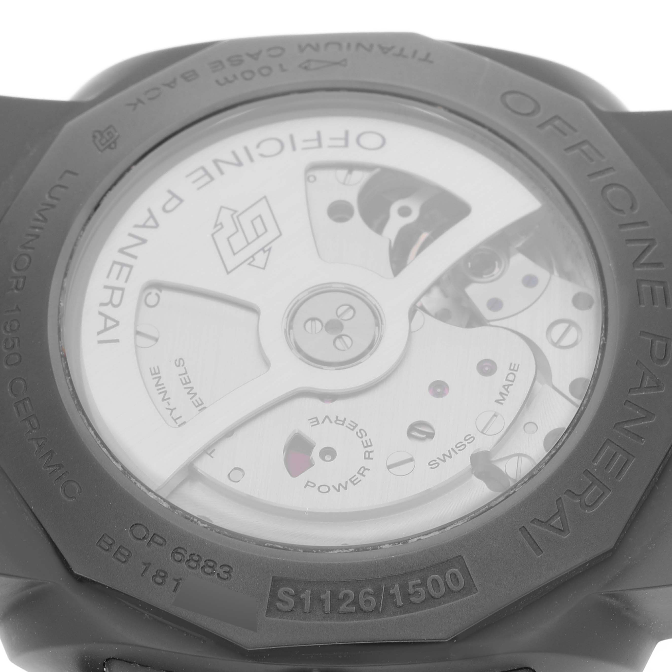 The image shows the case back of a Panerai Luminor PAM00441 Men's Ceramic Black Dial PAM00441 Men's Ceramic Black Dial 1950 model, highlighting its internal mechanics.