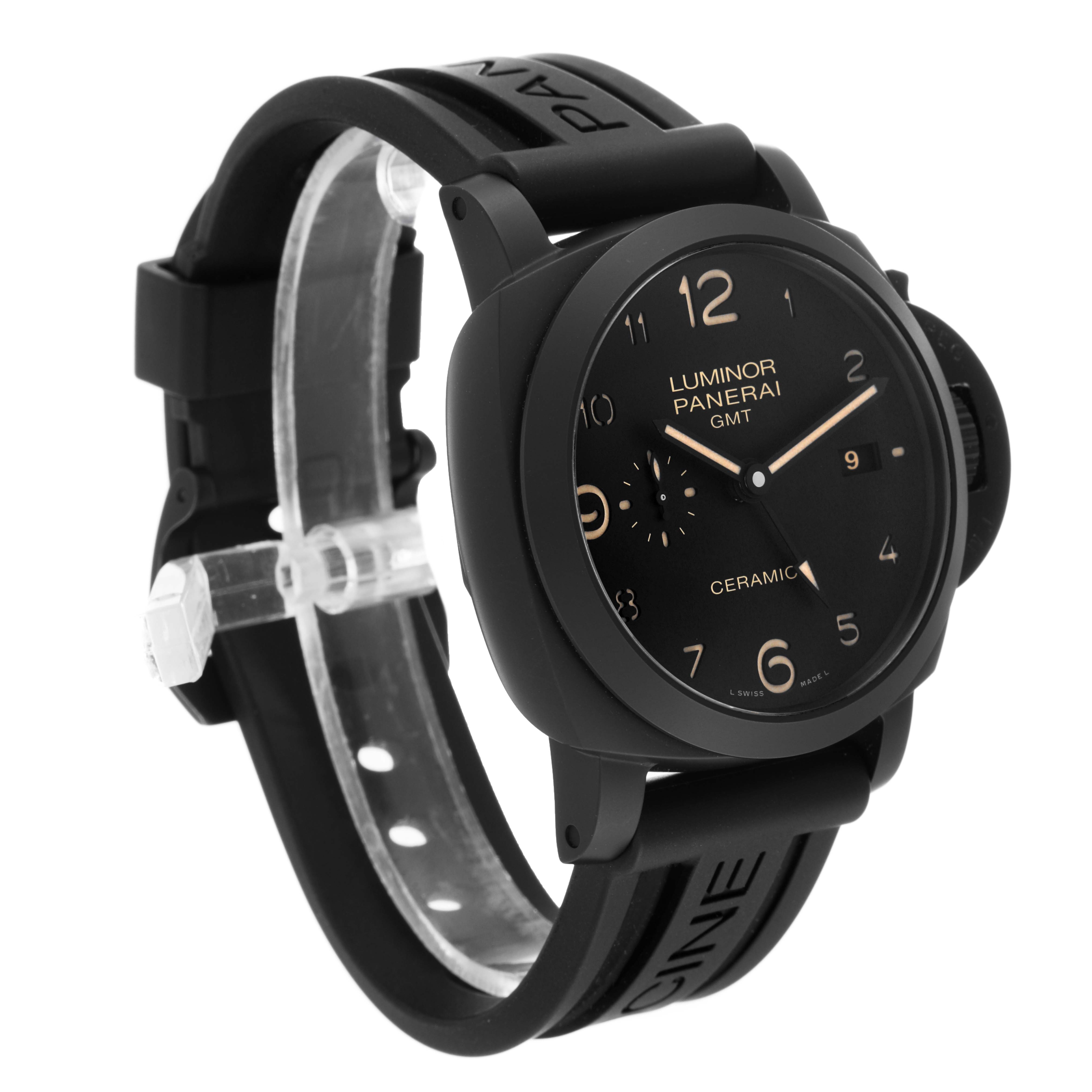 The image shows a Panerai Luminor PAM00441 Men's Ceramic Black Dial PAM00441 Men's Ceramic Black Dial watch at a three-quarter angle, displaying the face, strap, and crown guard.