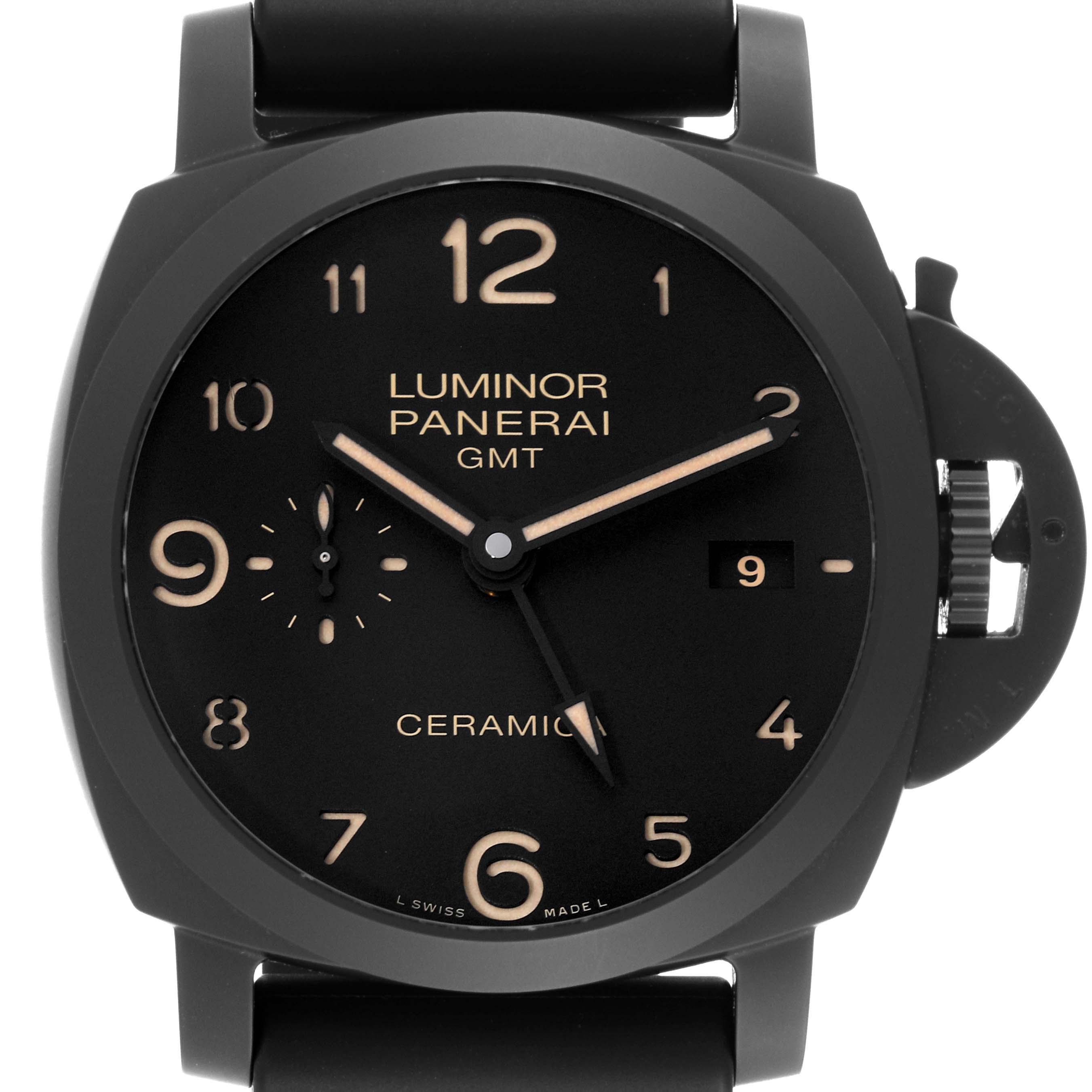 The image shows a front view of a Panerai Luminor PAM00441 Men's Ceramic Black Dial PAM00441 Men's Ceramic Black Dial model watch, displaying its face, crown guard, and strap attachment points.
