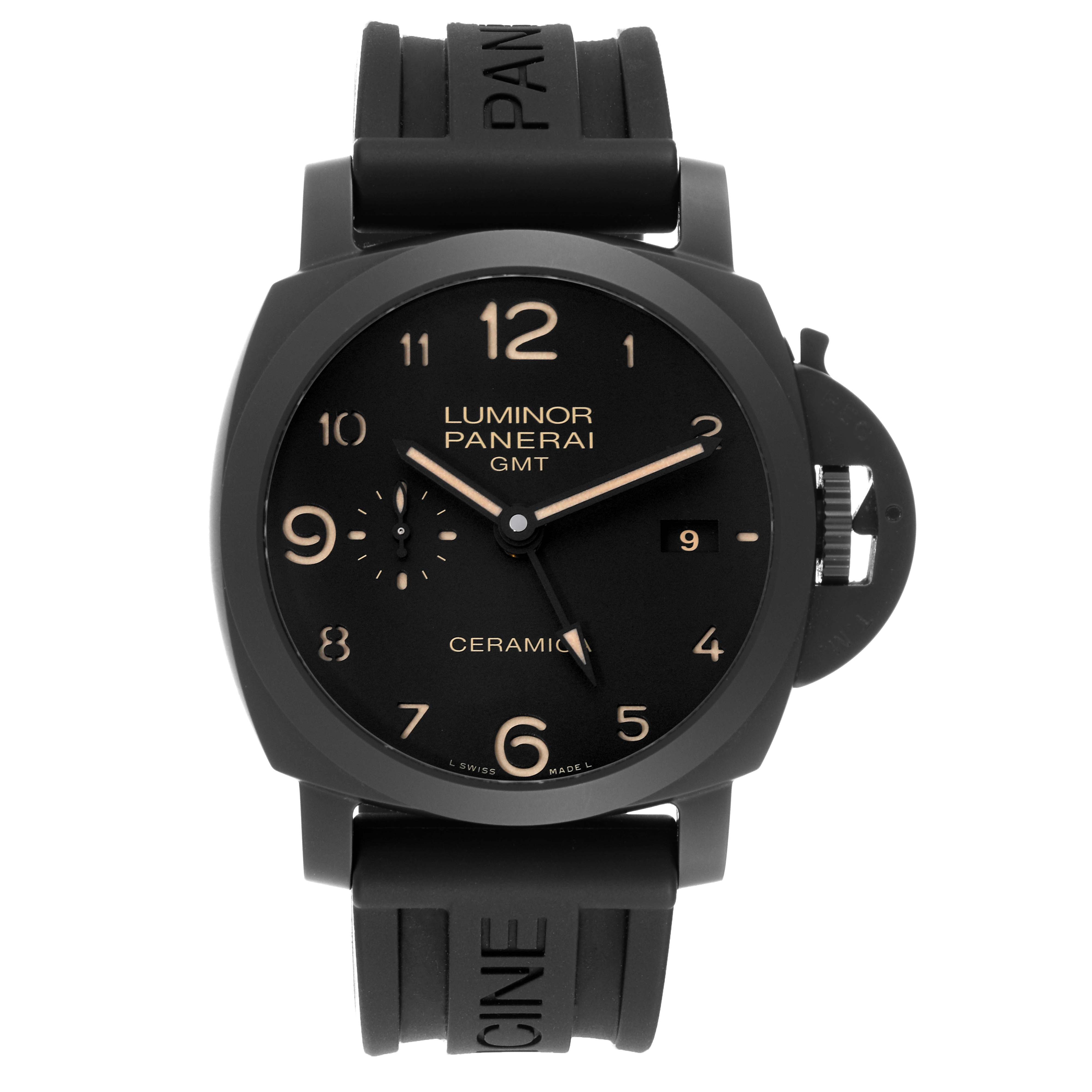 The image shows a front view of a Panerai Luminor PAM00441 Men's Ceramic Black Dial PAM00441 Men's Ceramic Black Dial GMT Ceramic watch, highlighting the dial, strap, and signature crown guard.