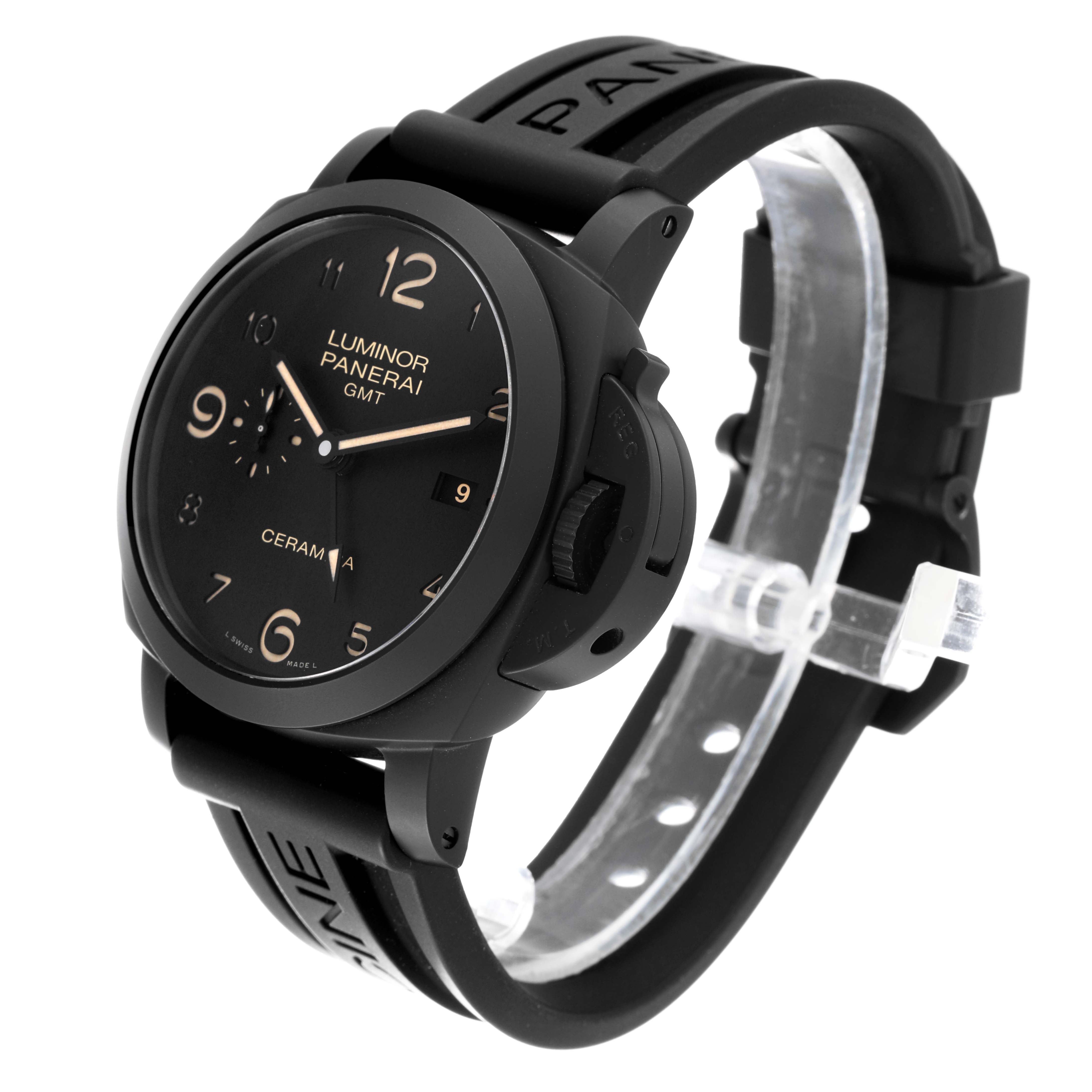 This image shows a Panerai Luminor PAM00441 Men's Ceramic Black Dial PAM00441 Men's Ceramic Black Dial watch at a 3/4 angle highlighting the face, strap, and crown guard.